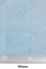 Black assam silk saree with vertical zari lines, blue floral print and zari stripe pallu