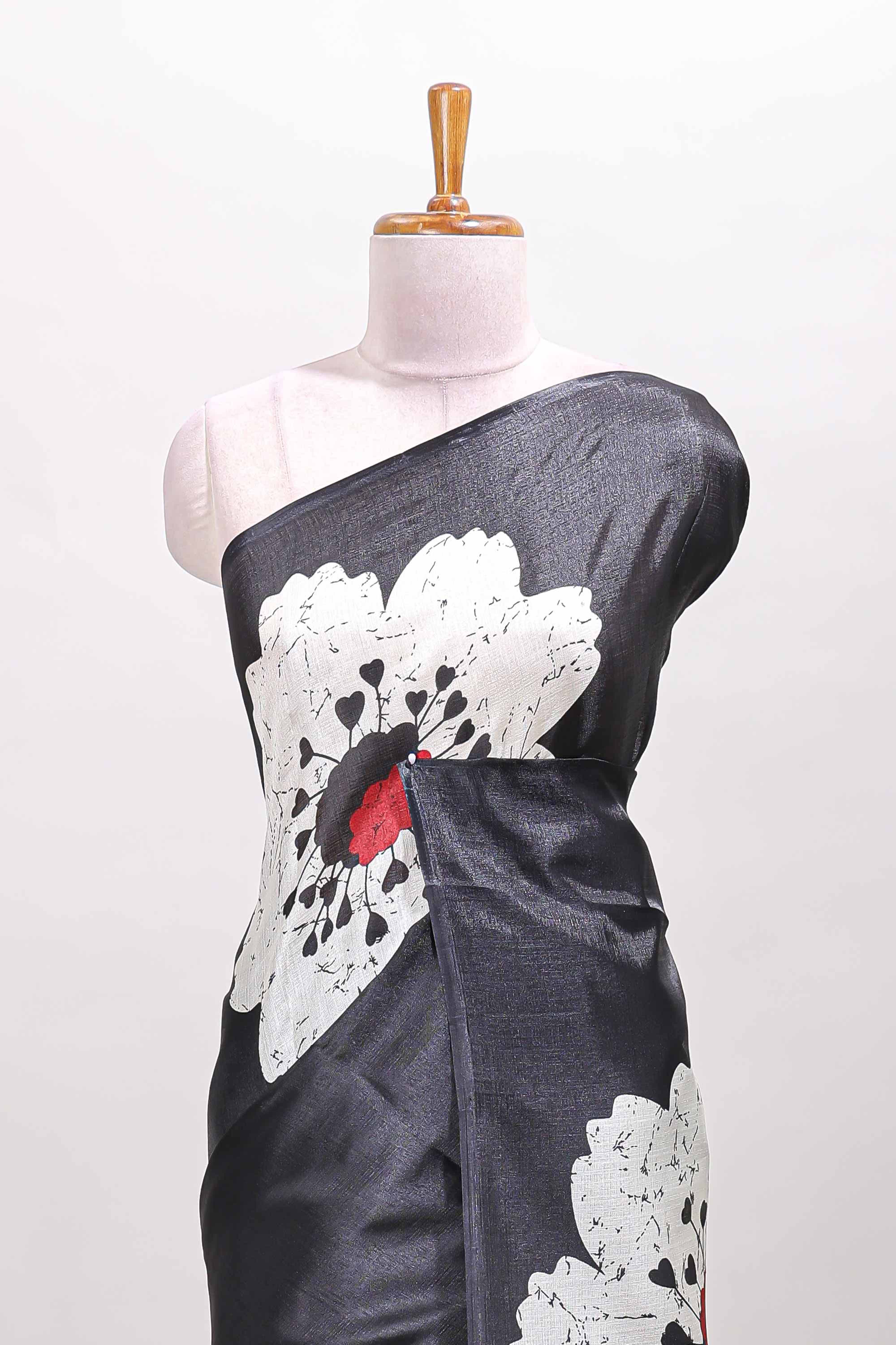 Borderless black floral print south cotton saree with matching blouse