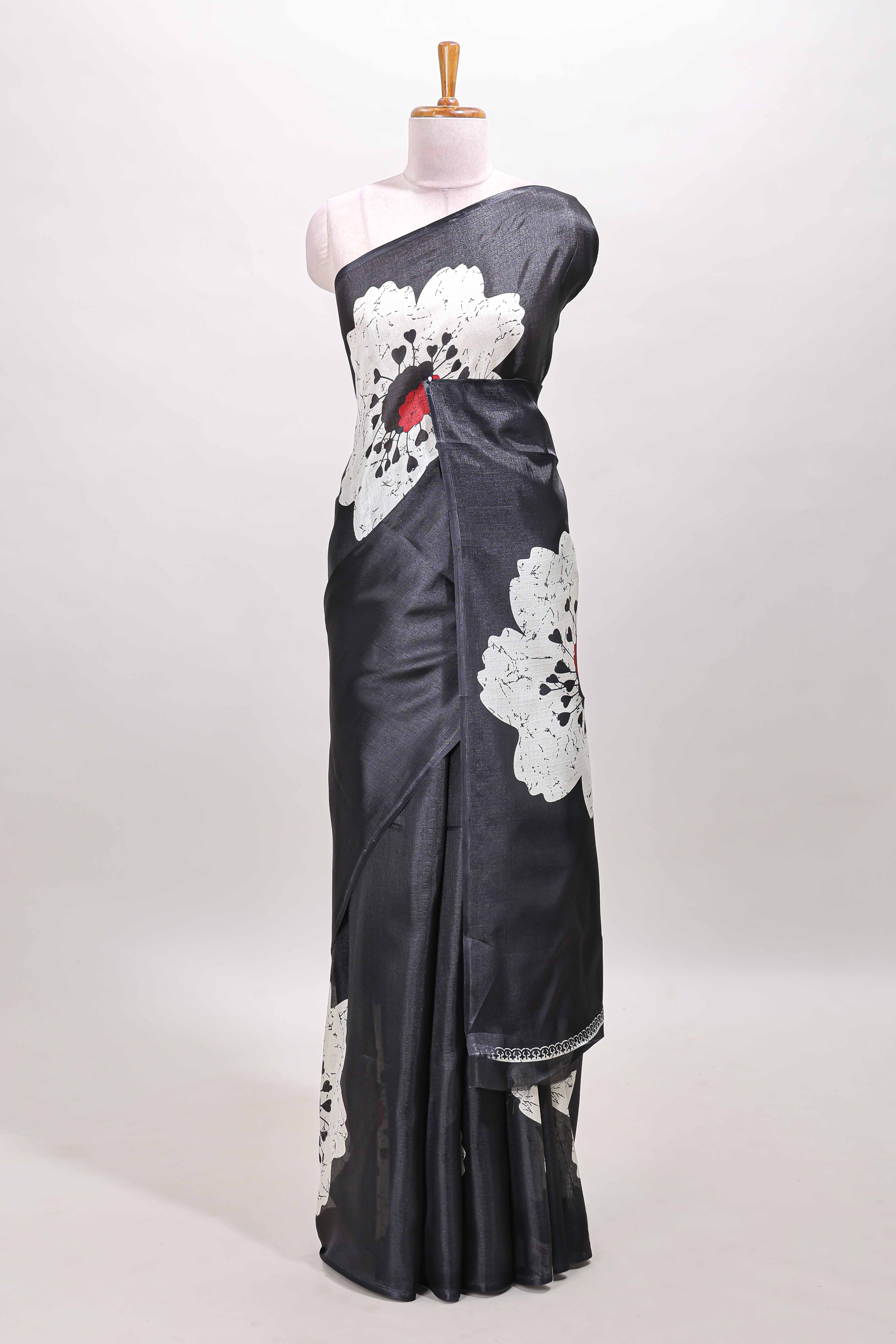 Borderless black floral print south cotton saree with matching blouse