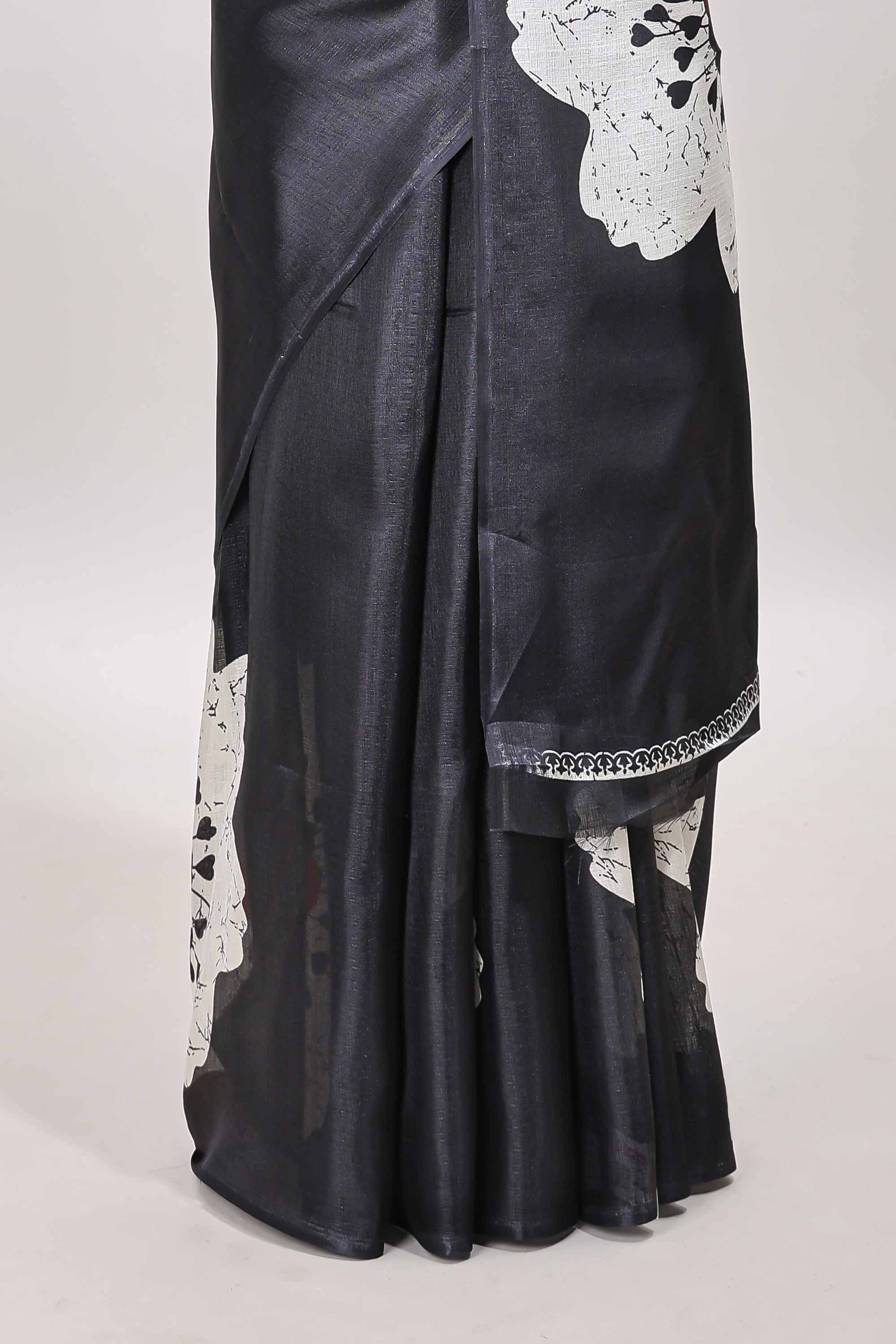 Borderless black floral print south cotton saree with matching blouse