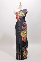 Borderless black floral print south cotton saree with matching butta blouse