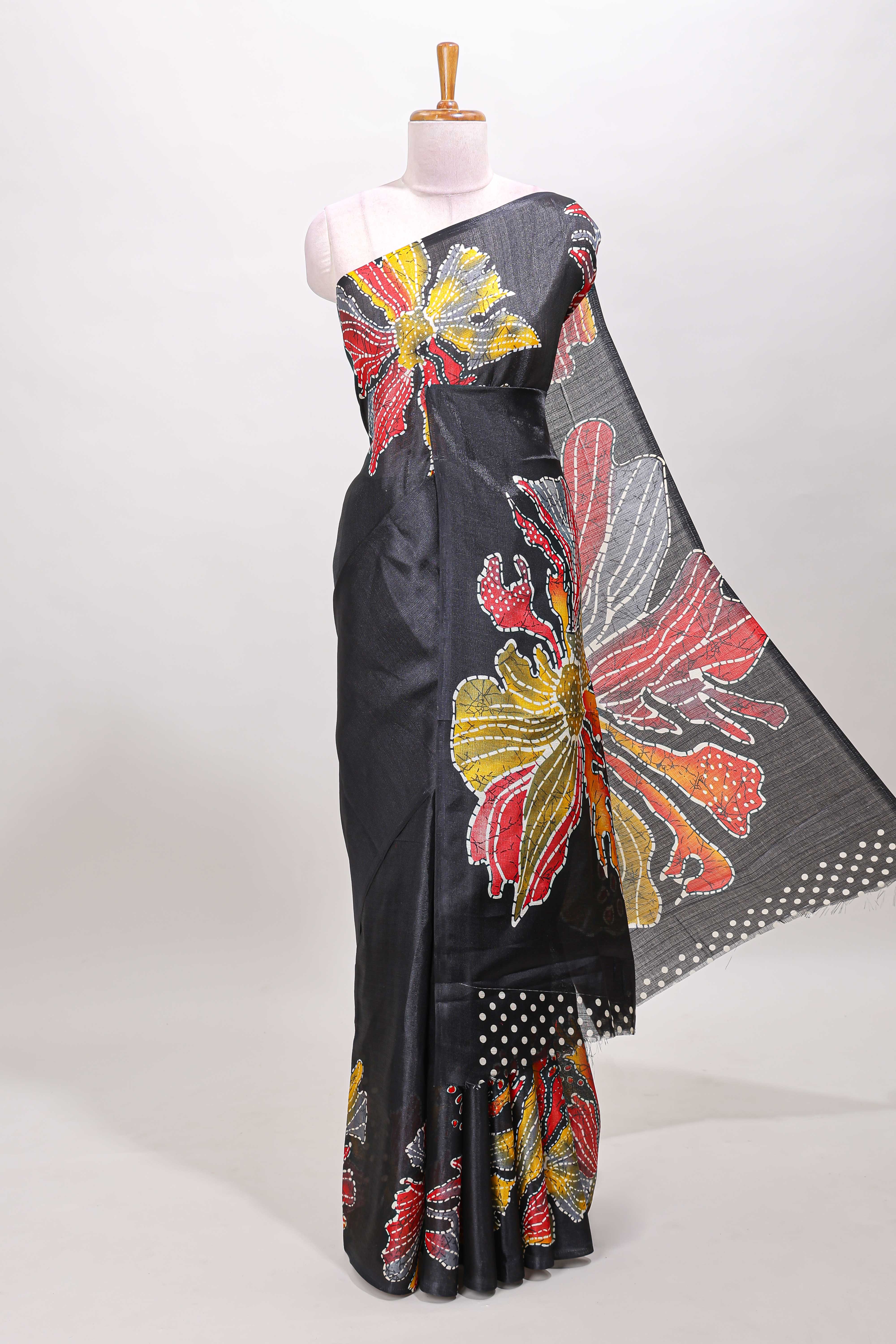 Borderless black floral print south cotton saree with matching butta blouse