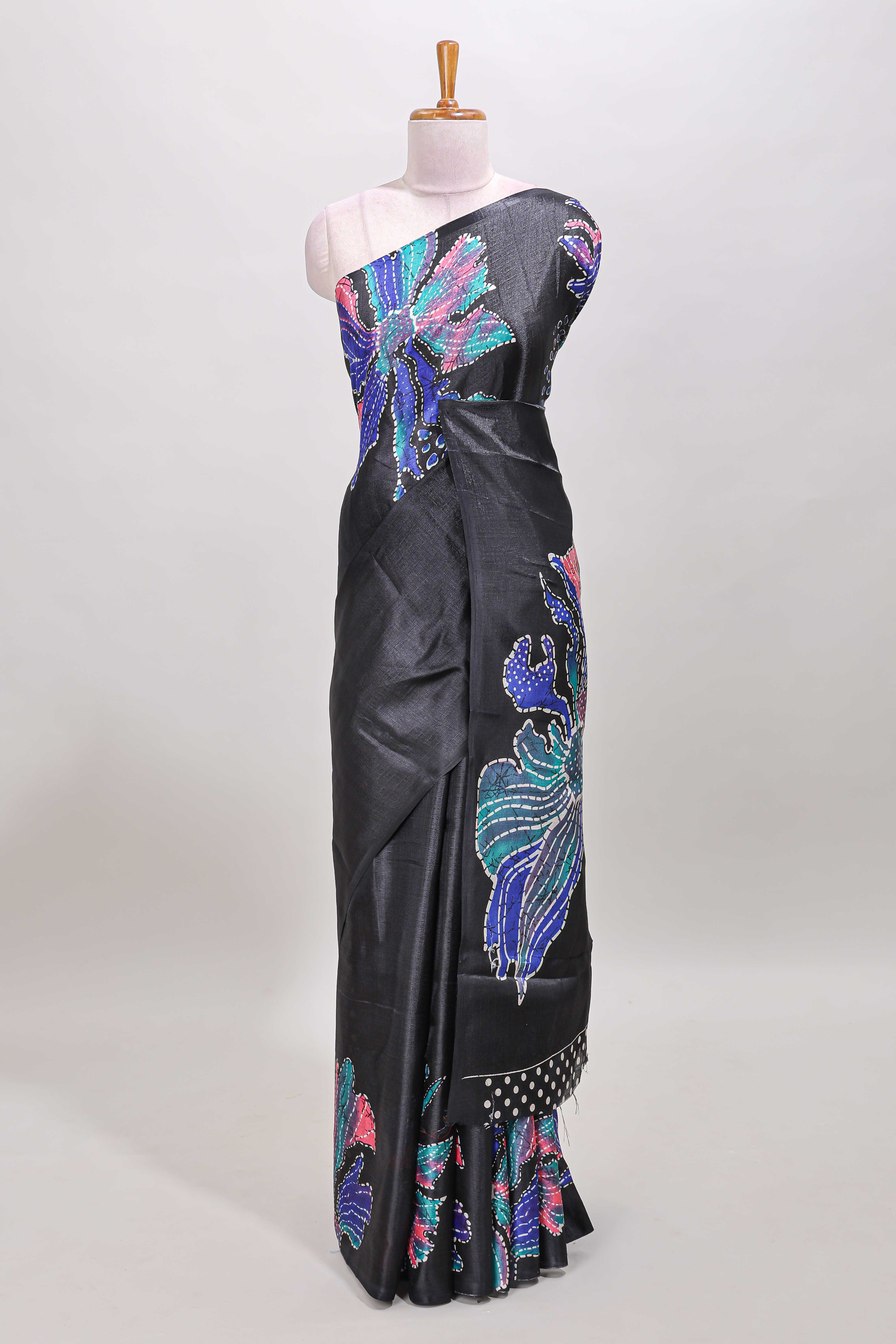Borderless black floral print south cotton saree with matching butta blouse