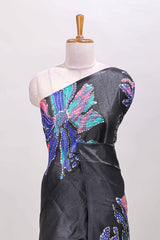 Borderless black floral print south cotton saree with matching butta blouse