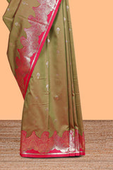 Olive Gold with Pink semi soft silk Woven Zari-Inspired Motifs and paisley Weave Design border with contrast blouse