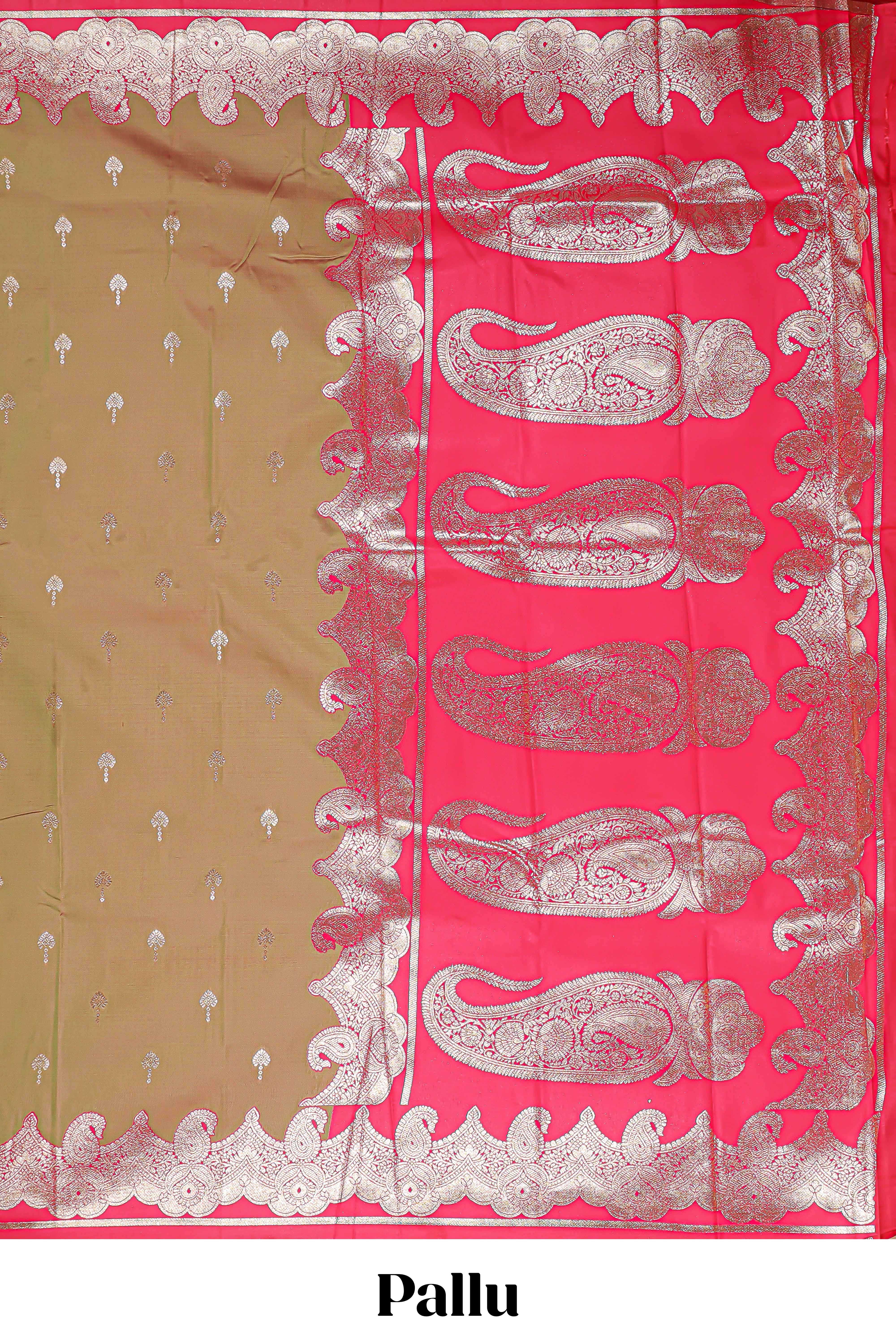 Olive Gold with Pink semi soft silk Woven Zari-Inspired Motifs and paisley Weave Design border with contrast blouse