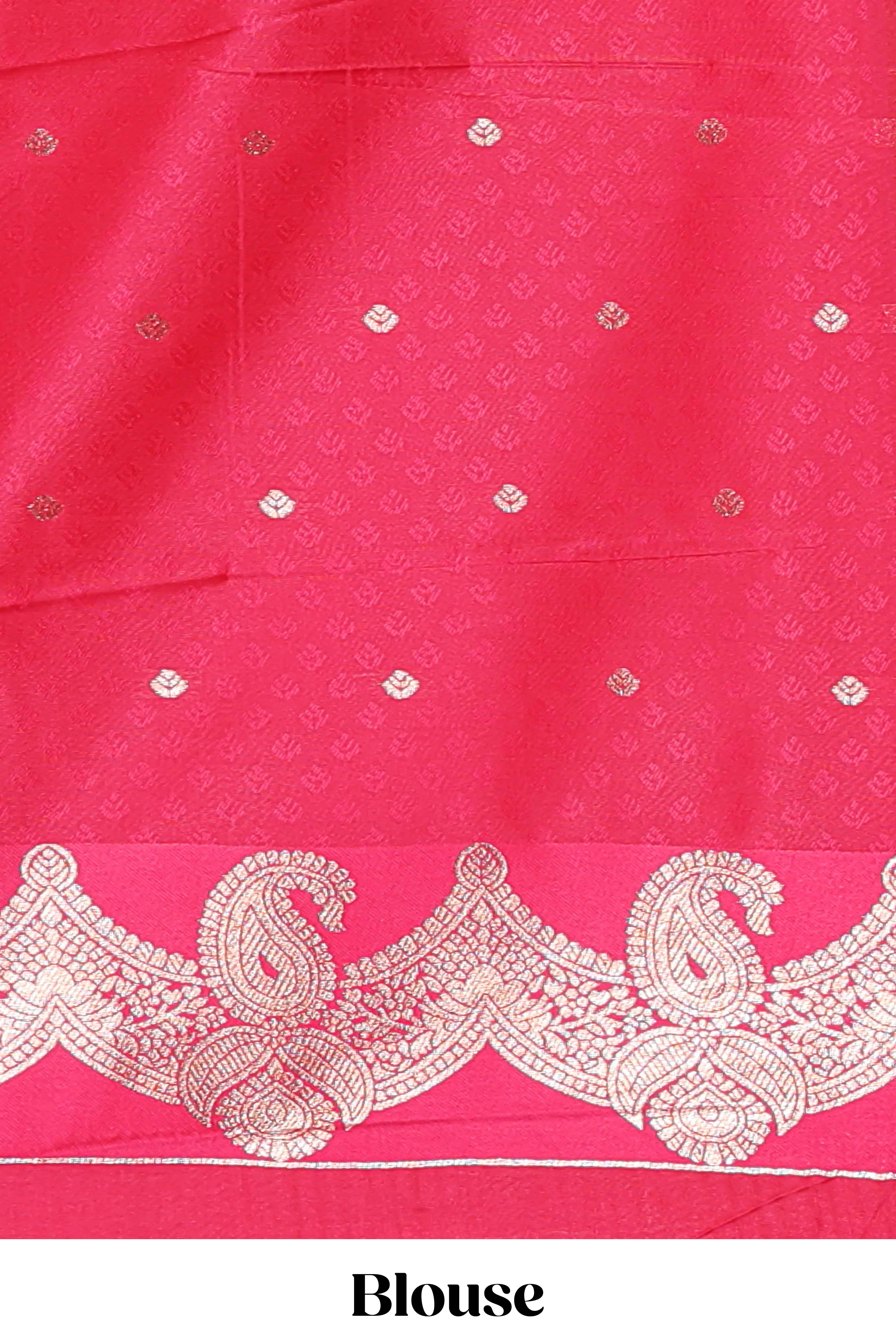 Olive Gold with Pink semi soft silk Woven Zari-Inspired Motifs and paisley Weave Design border with contrast blouse