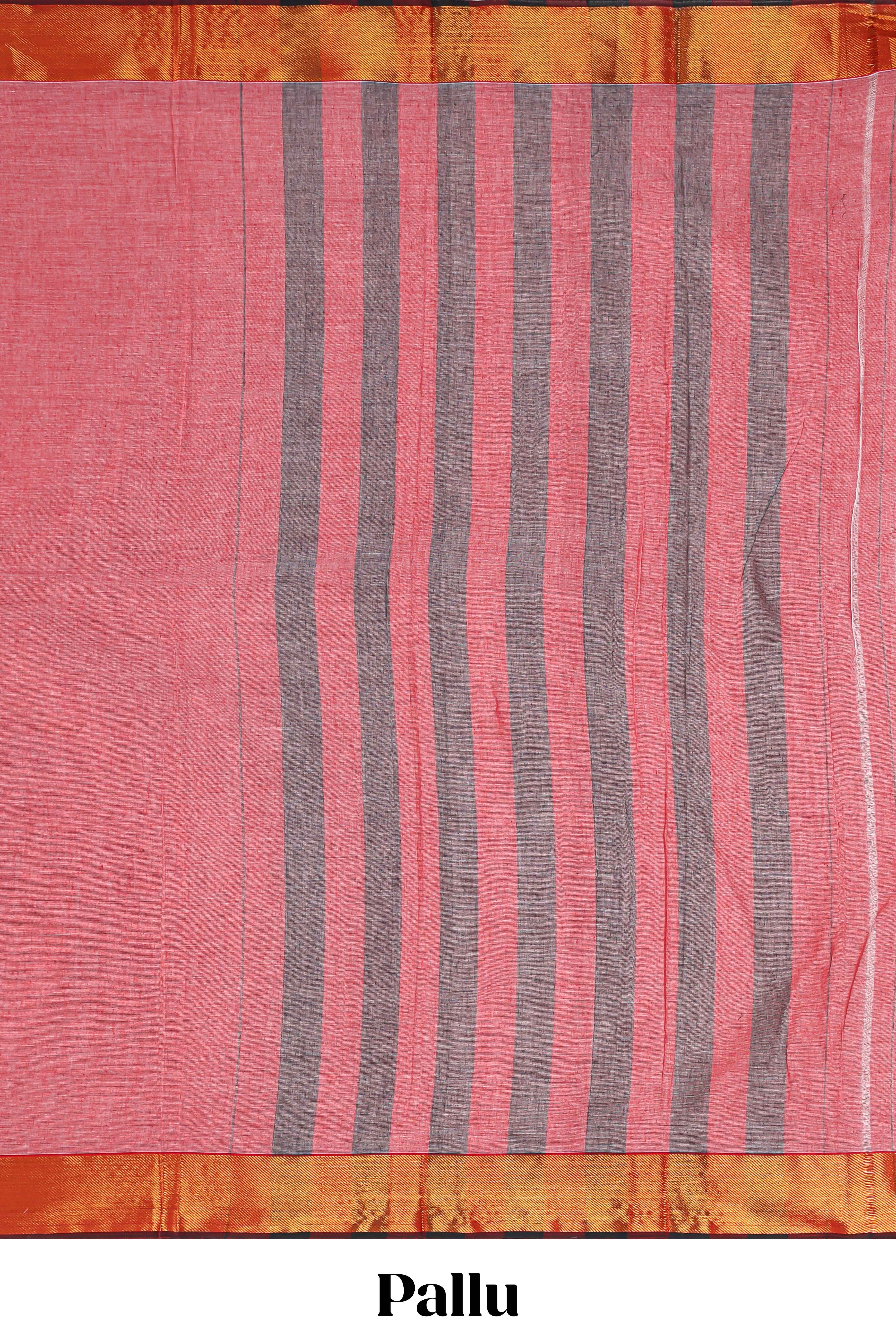 Pink plain narayanapet cotton saree with contrast zari border and stripe pallu