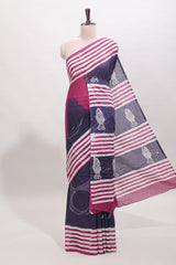 Plum purple motifs mul mul cotton saree with contrast striped border and blouse