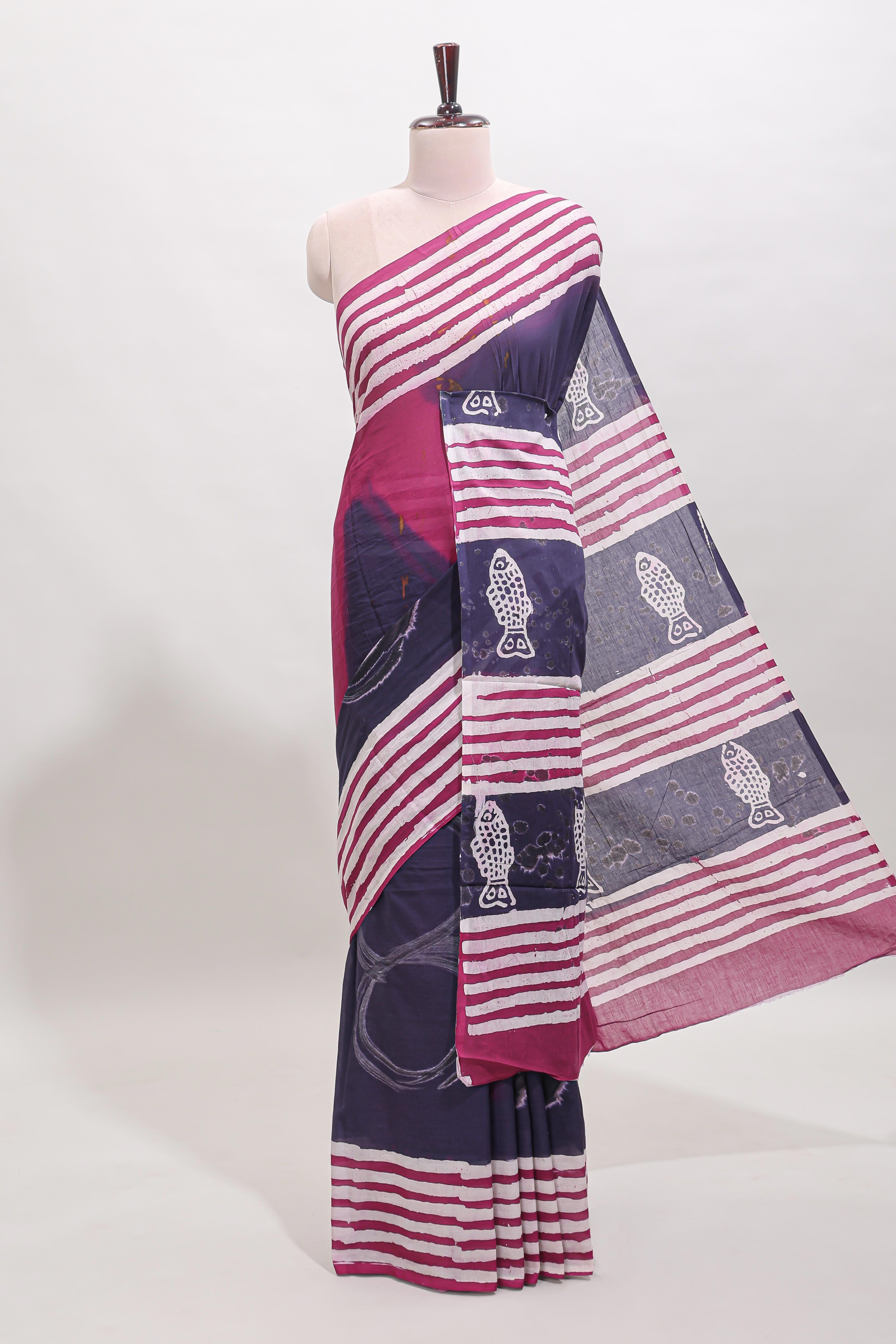 Plum purple motifs mul mul cotton saree with contrast striped border and blouse
