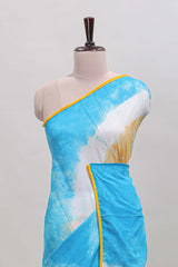 Blue shibori printed mul mul cotton saree with contrast scallop border and blouse