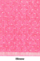 Cream zari dot buttas and pallakku procession themed assam silk saree with contrast pink border and striped pallu