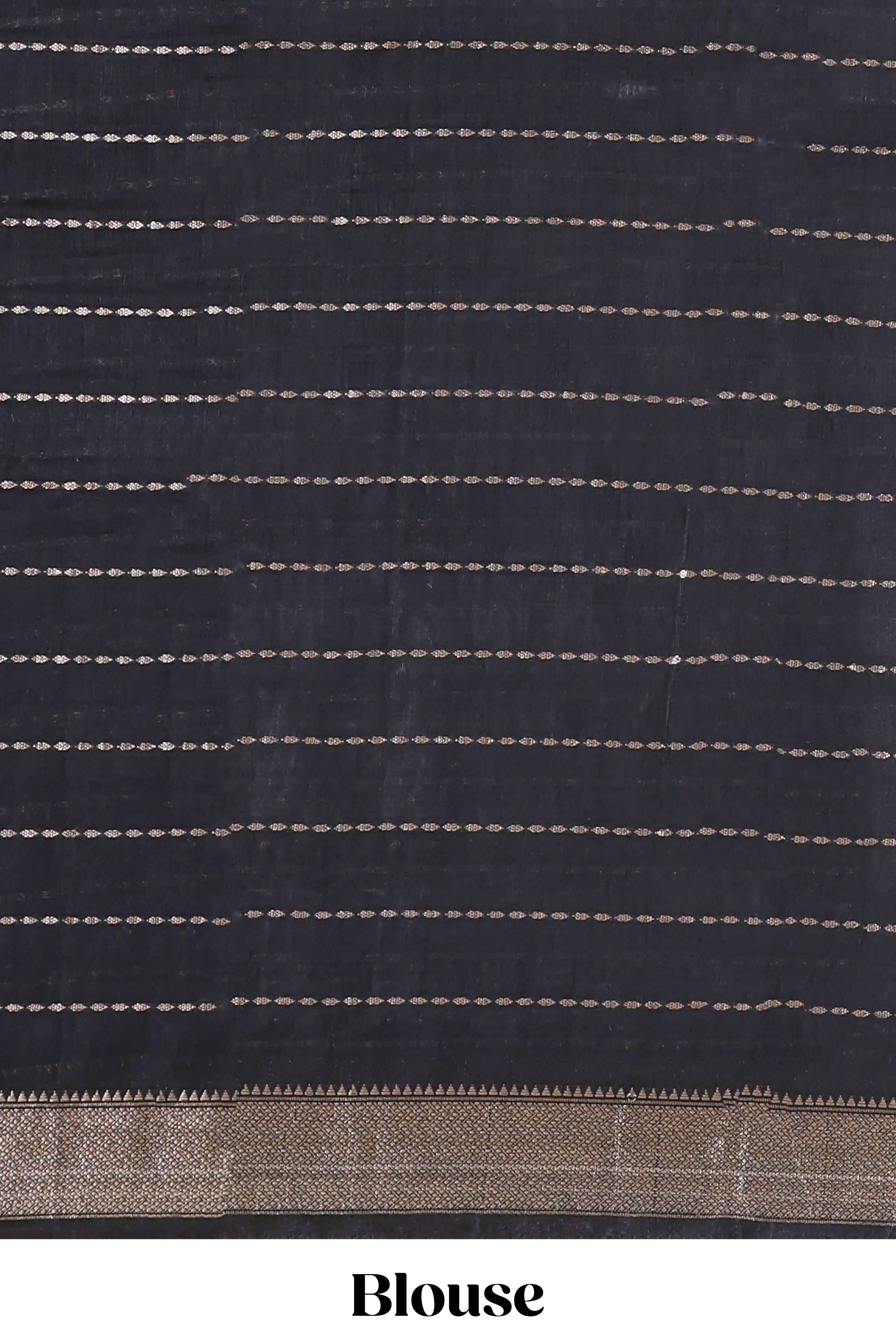 Black striped assam silk saree with kalamkari style and floral vine print, self zari border and pallu