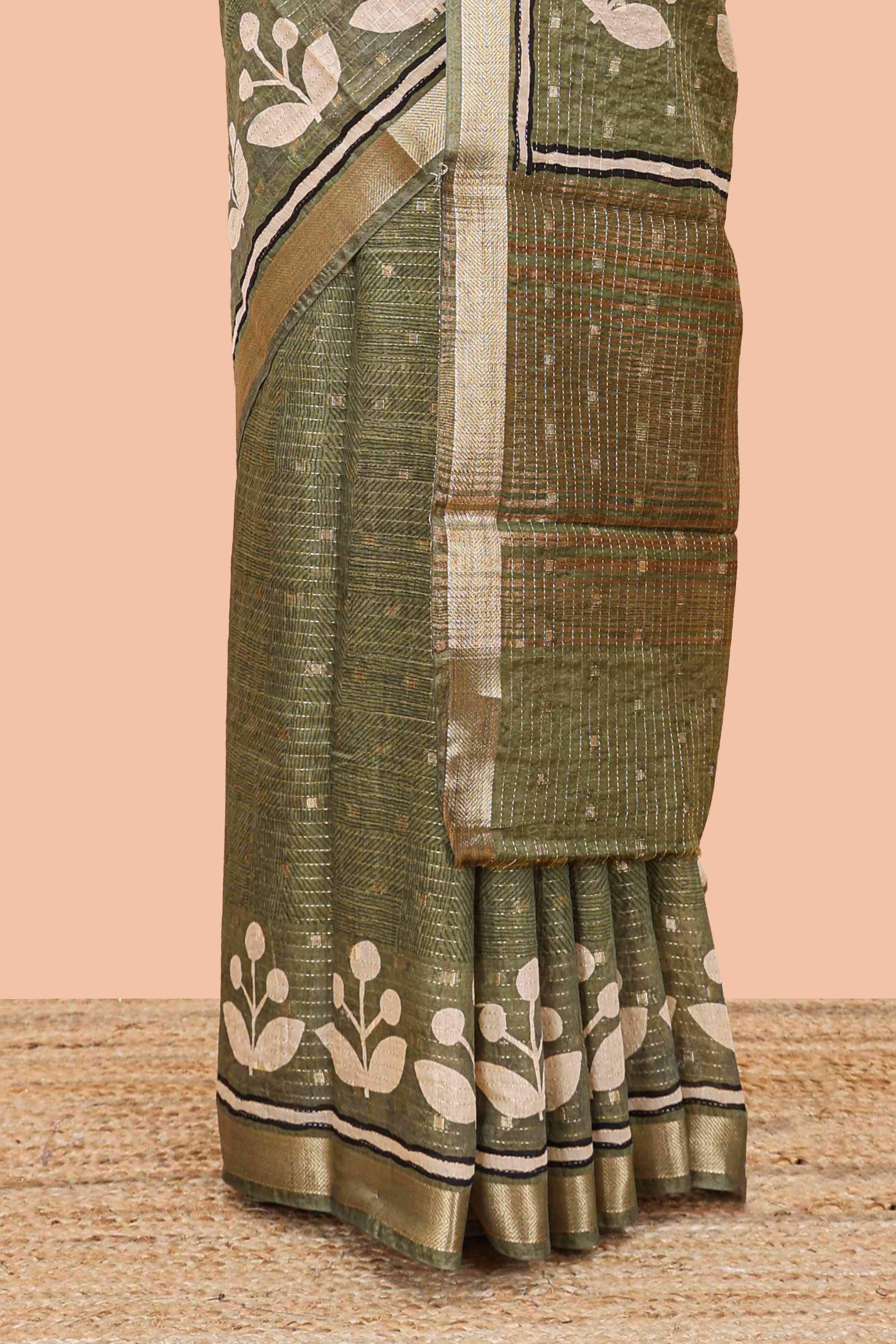 Green striped assam silk saree with small zari butta, botanical block print and zari striped pallu