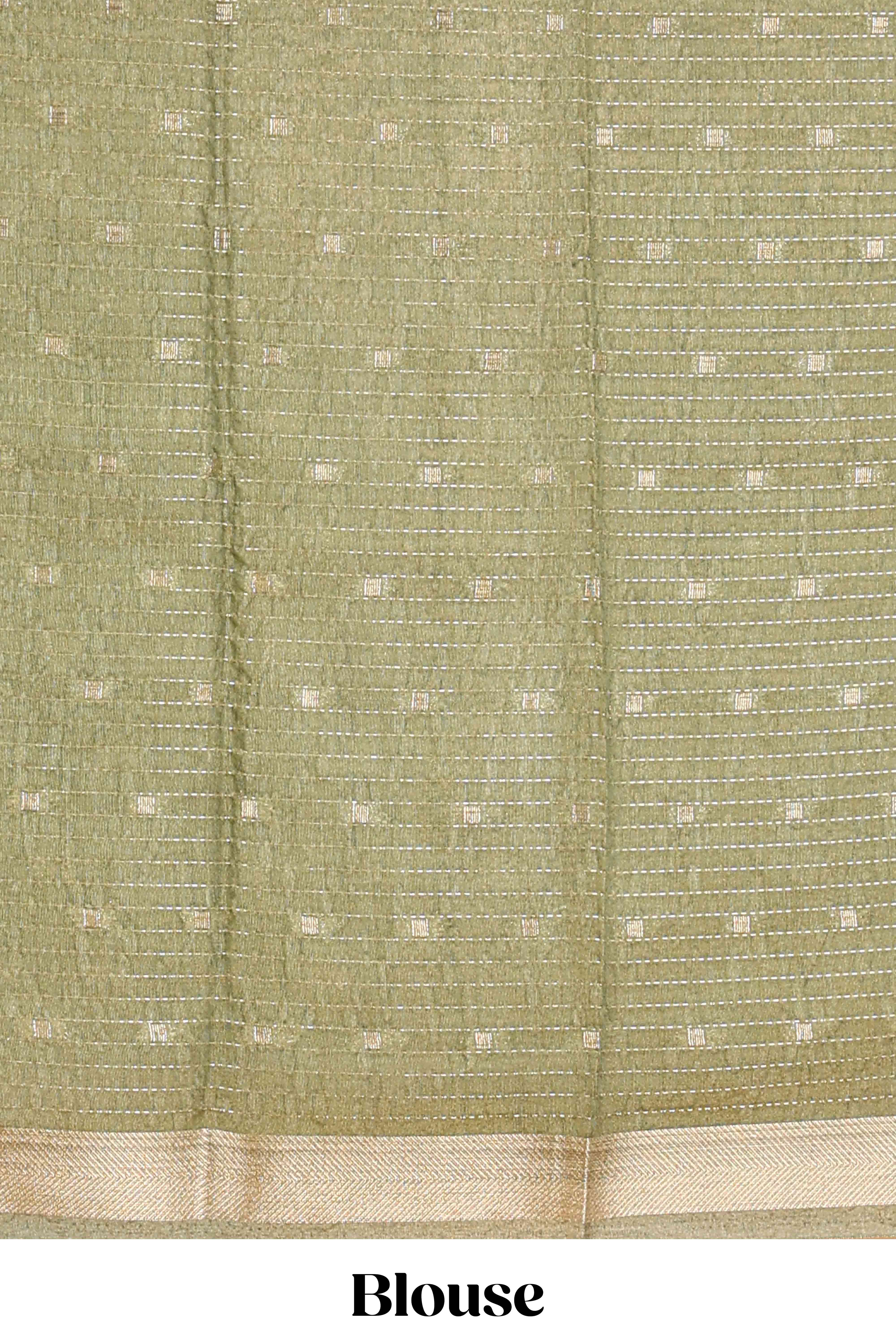 Green striped assam silk saree with small zari butta, botanical block print and zari striped pallu