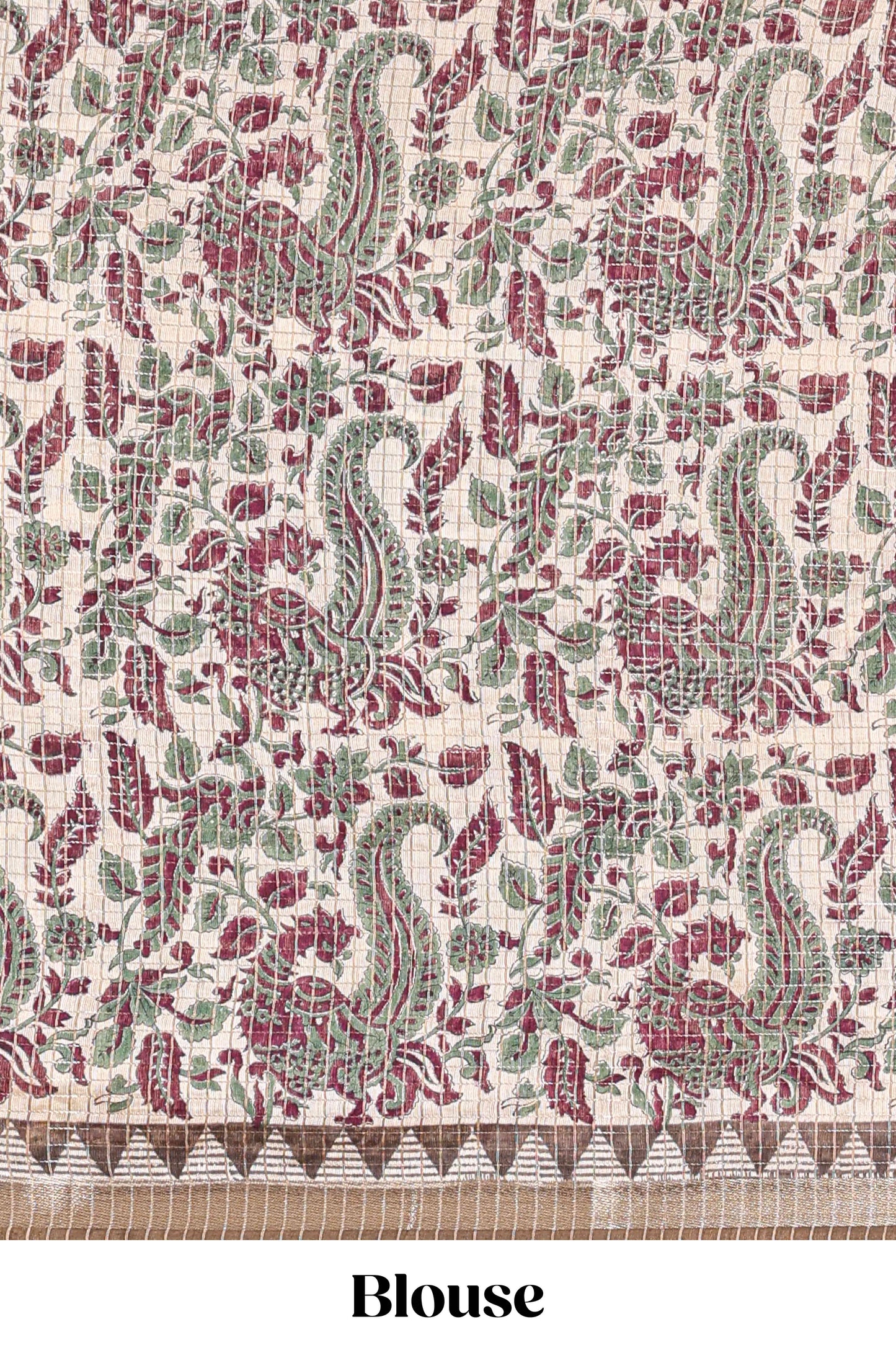 Pink assam silk saree with zari check, floral & peacock motifs, kalamkari print border and striped pallu