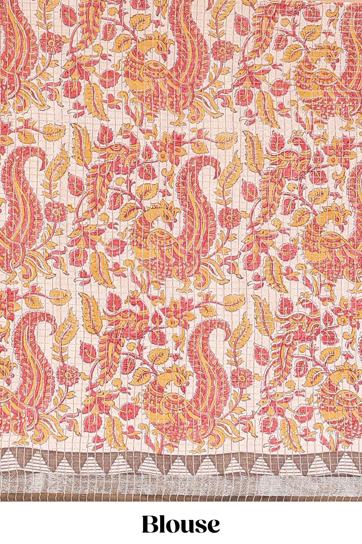 Mustard assam silk saree with zari check, floral & peacock motifs, kalamkari print border and striped pallu
