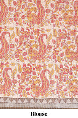 Mustard assam silk saree with zari check, floral & peacock motifs, kalamkari print border and striped pallu
