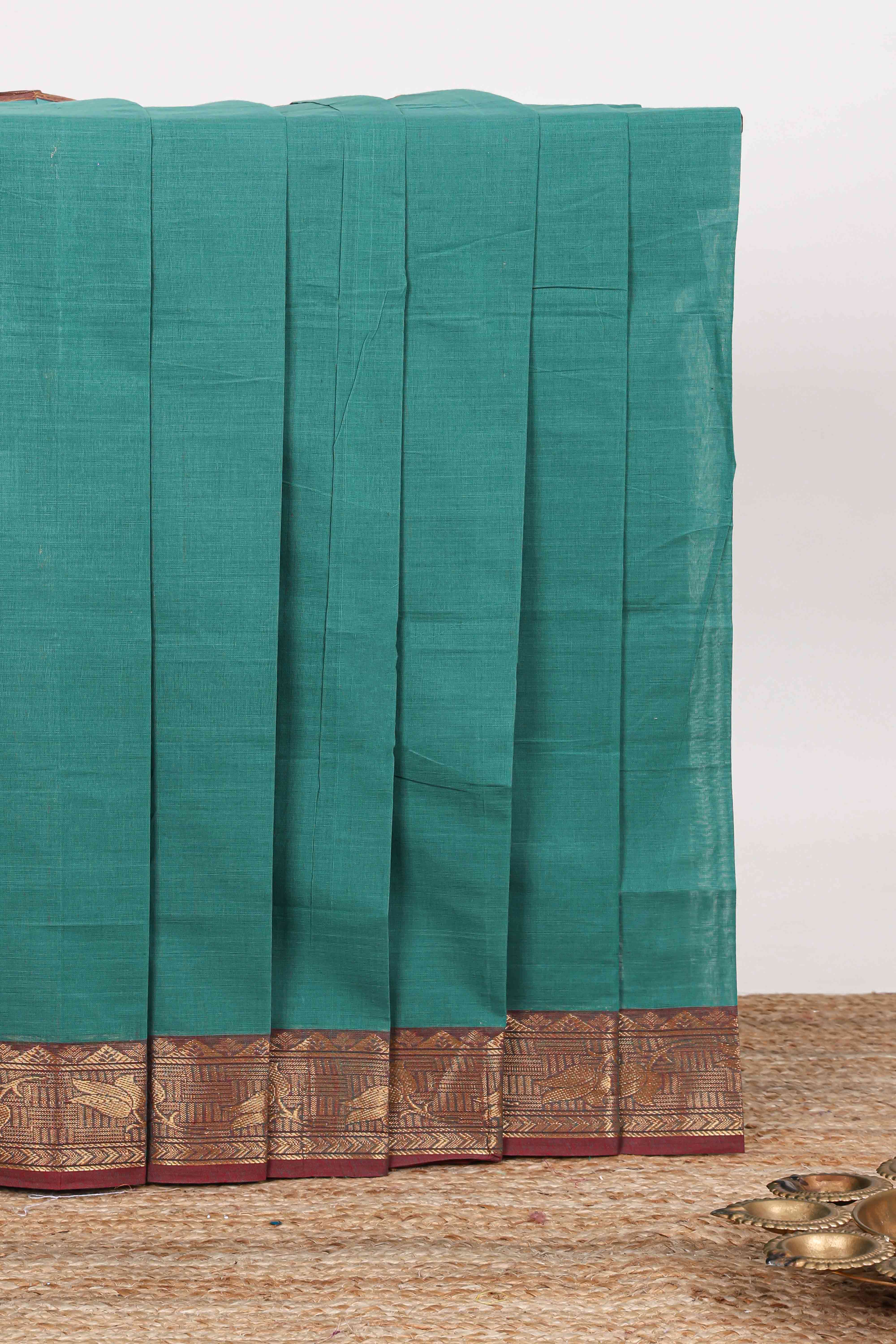 Green zari butta chettinad cotton saree with contrast zari border and matching striped pallu