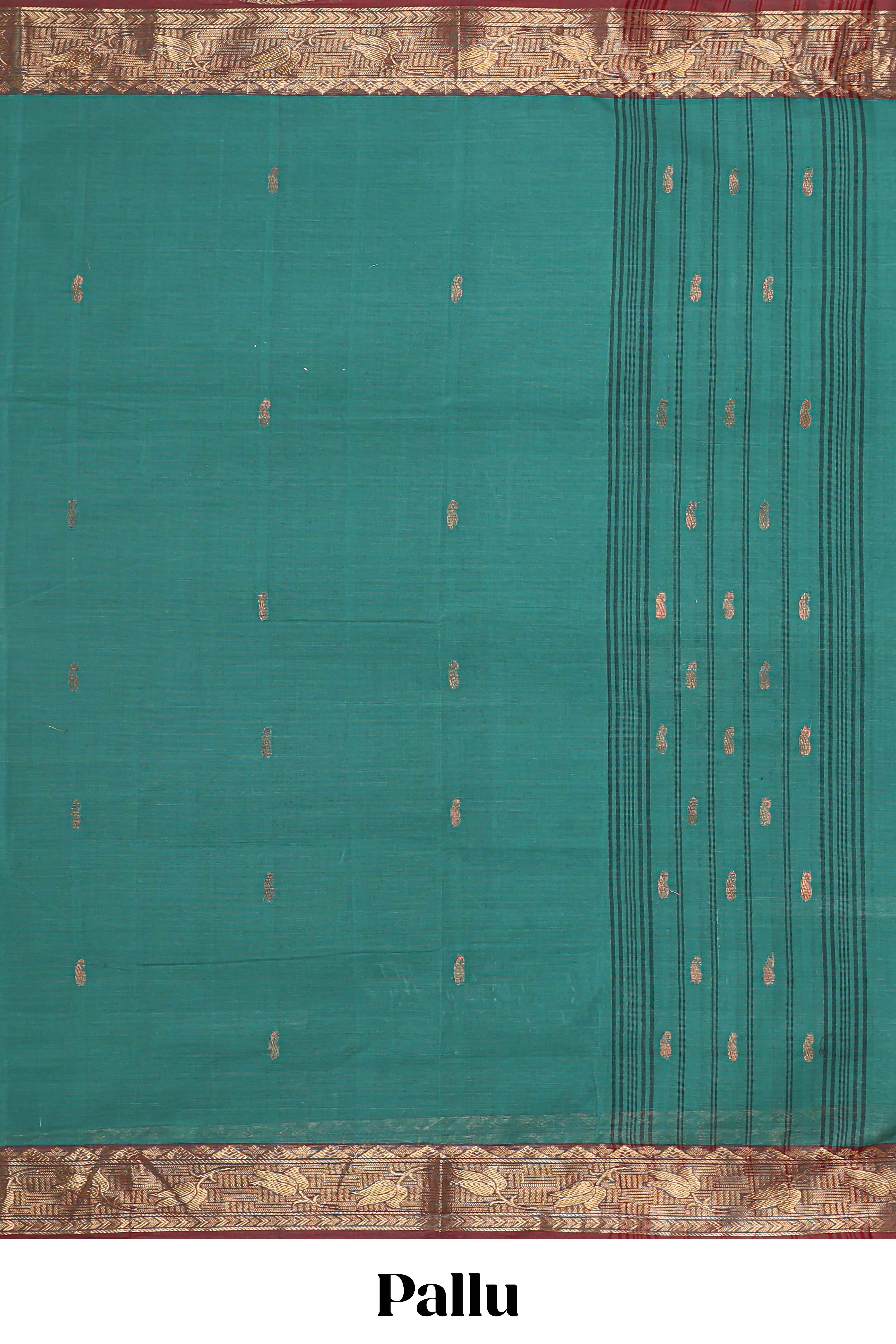 Green zari butta chettinad cotton saree with contrast zari border and matching striped pallu