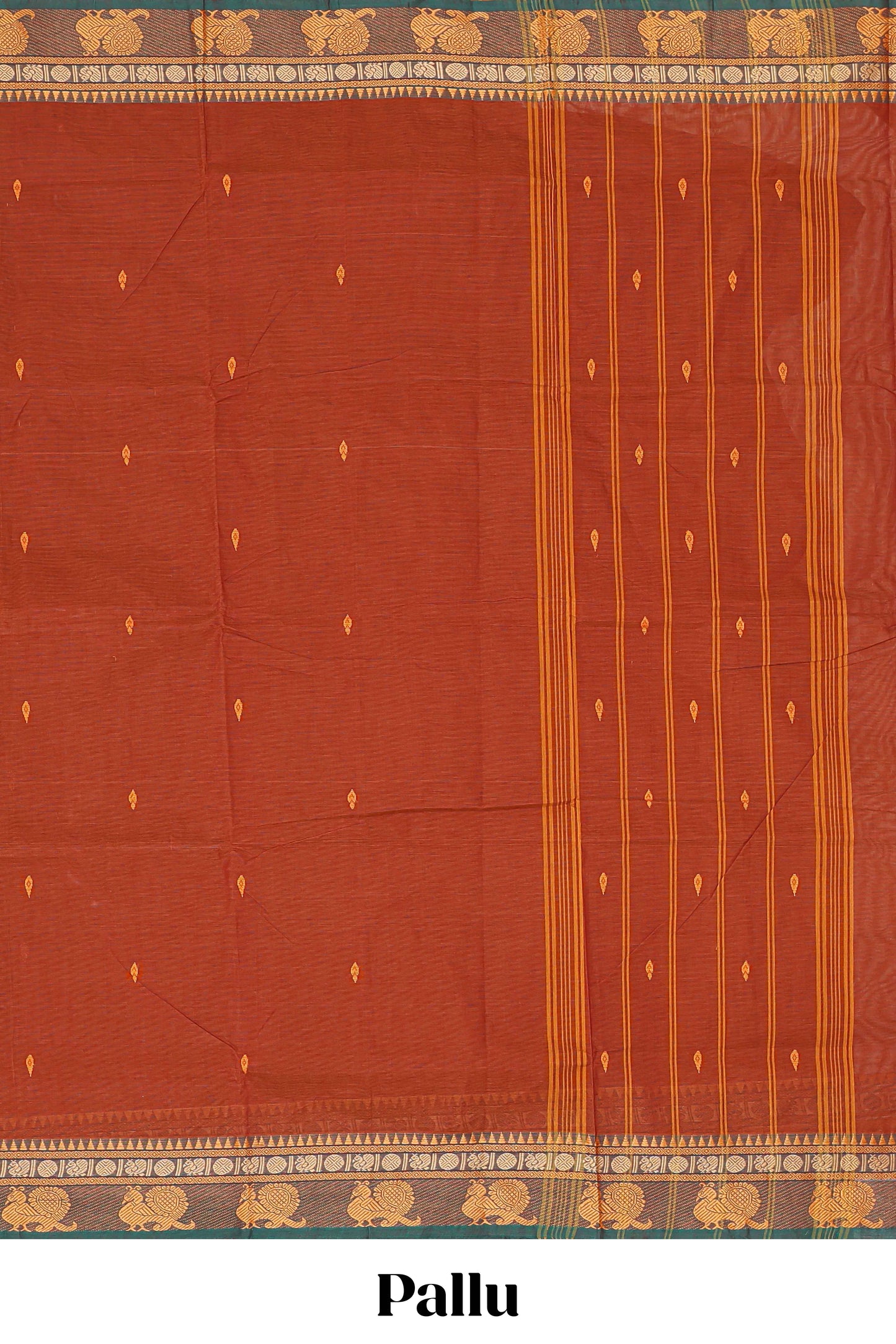 Rust orange zari butta chettinad cotton saree with contrast bird design border and striped pallu