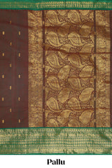 Brown zari butta chettinad cotton saree with contrast zari border and paisley pallu