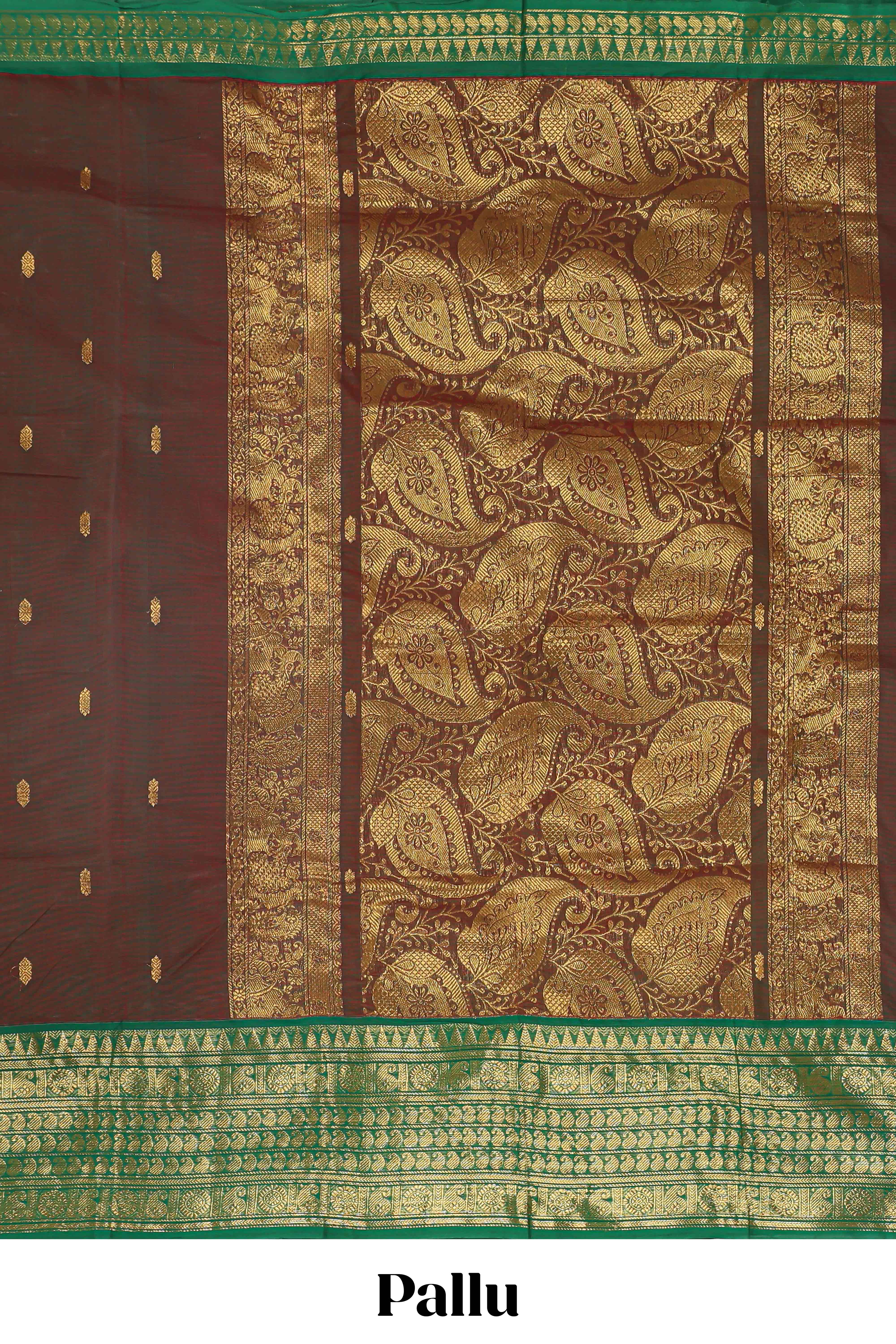 Brown zari butta chettinad cotton saree with contrast zari border and paisley pallu