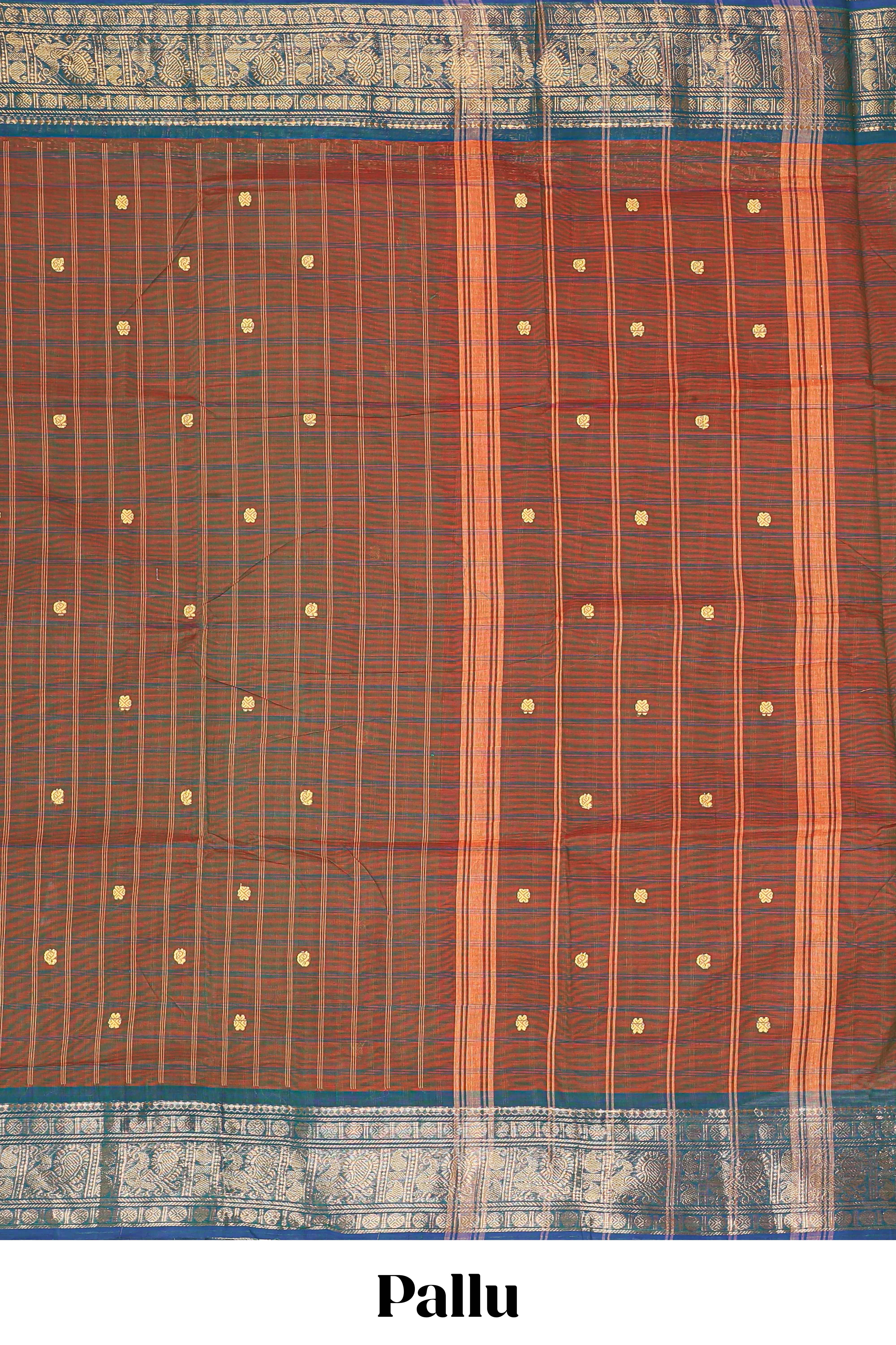 Brown checked zari butta chettinad cotton saree with contrast zari border and striped pallu