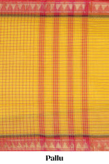 Yellow checked chettinad cotton saree with contrast zari border and stripe pallu