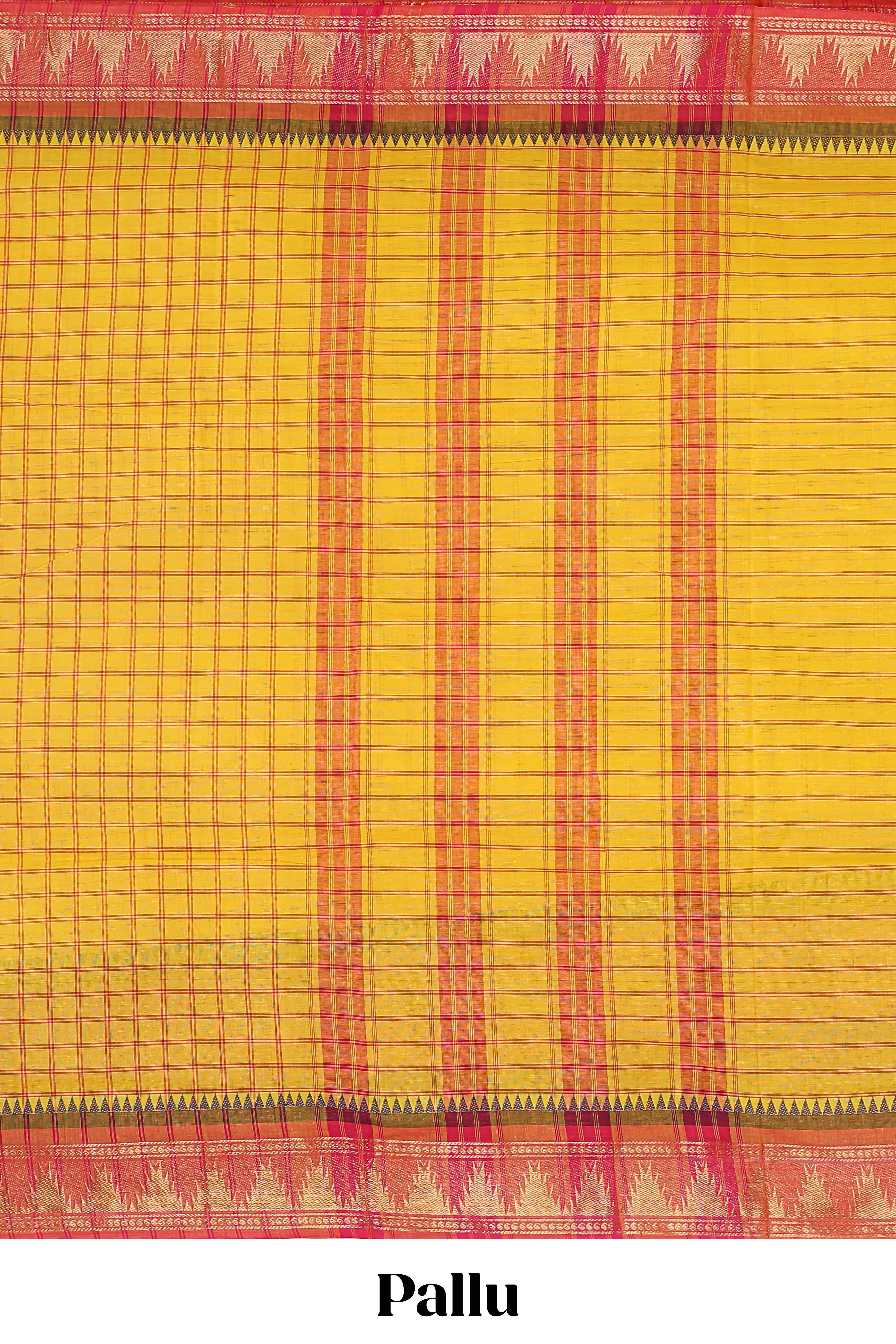 Yellow checked chettinad cotton saree with contrast zari border and stripe pallu