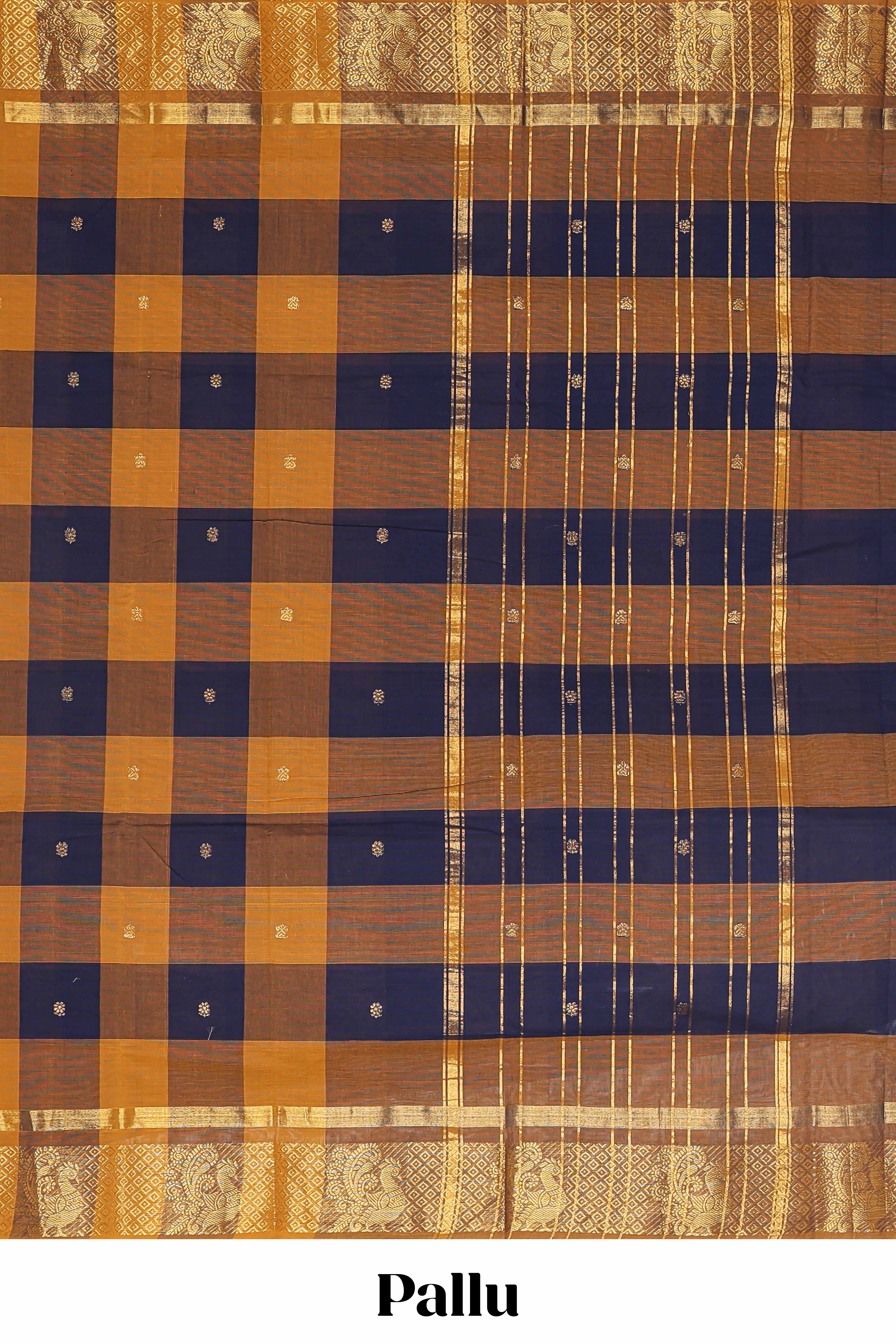 Multicolor checked butta chettinad cotton saree with self border and matching zari striped pallu