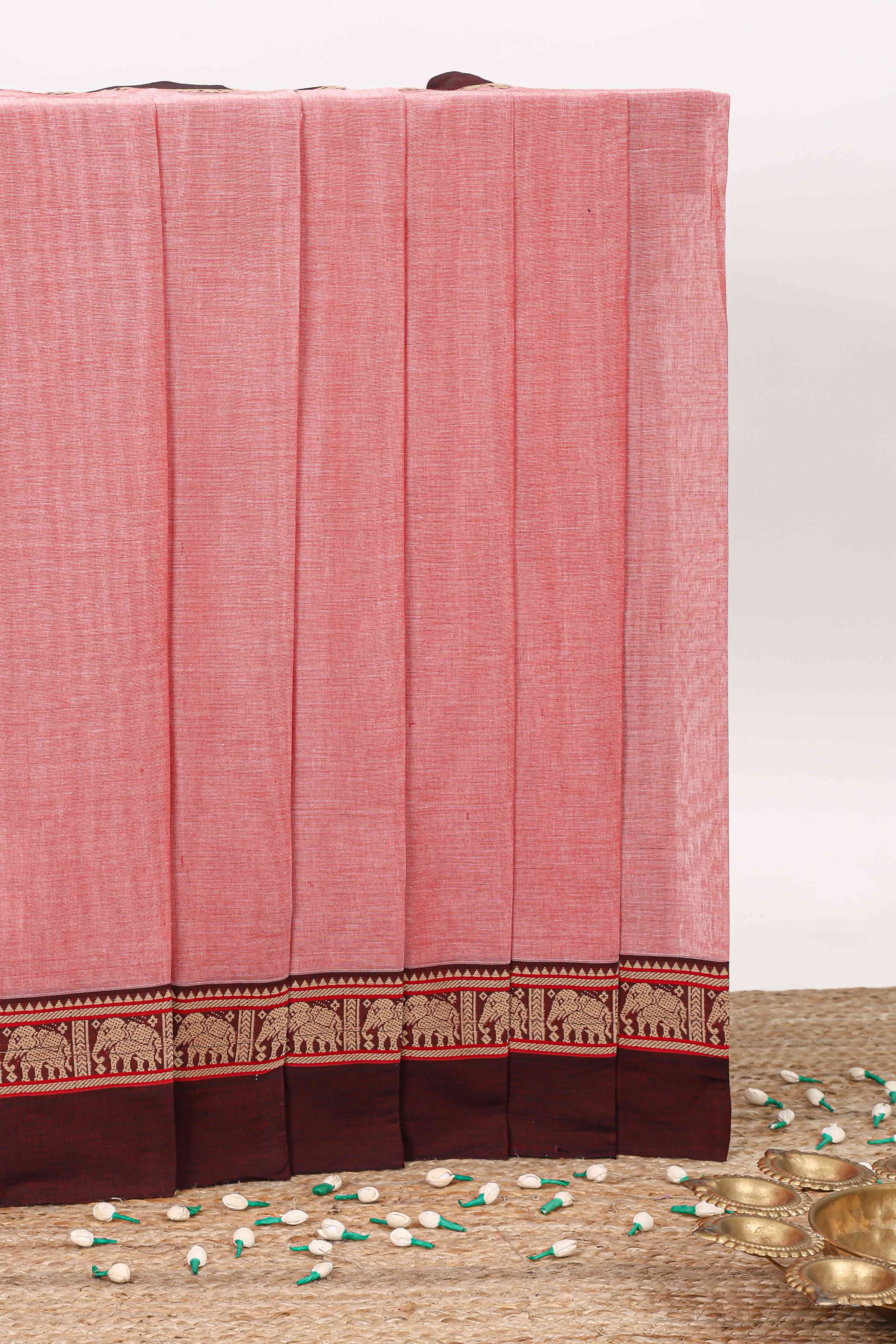 Pink plain narayanpet cotton saree with self border and striped pallu