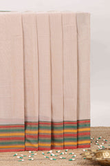 Beige plain narayanpet cotton saree with contrast border and striped pallu