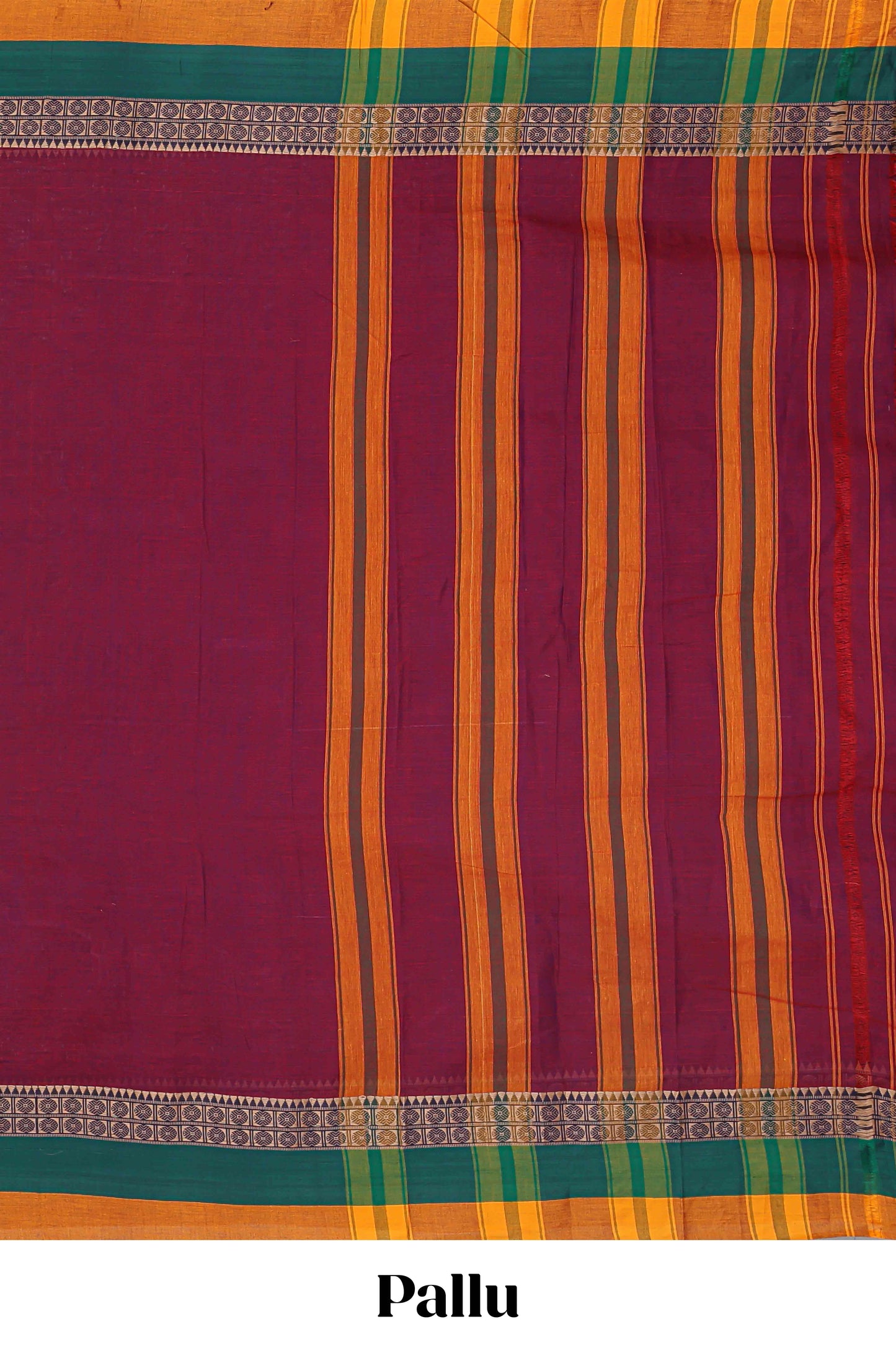Maroon plain narayanpet cotton saree with contrast border and striped pallu