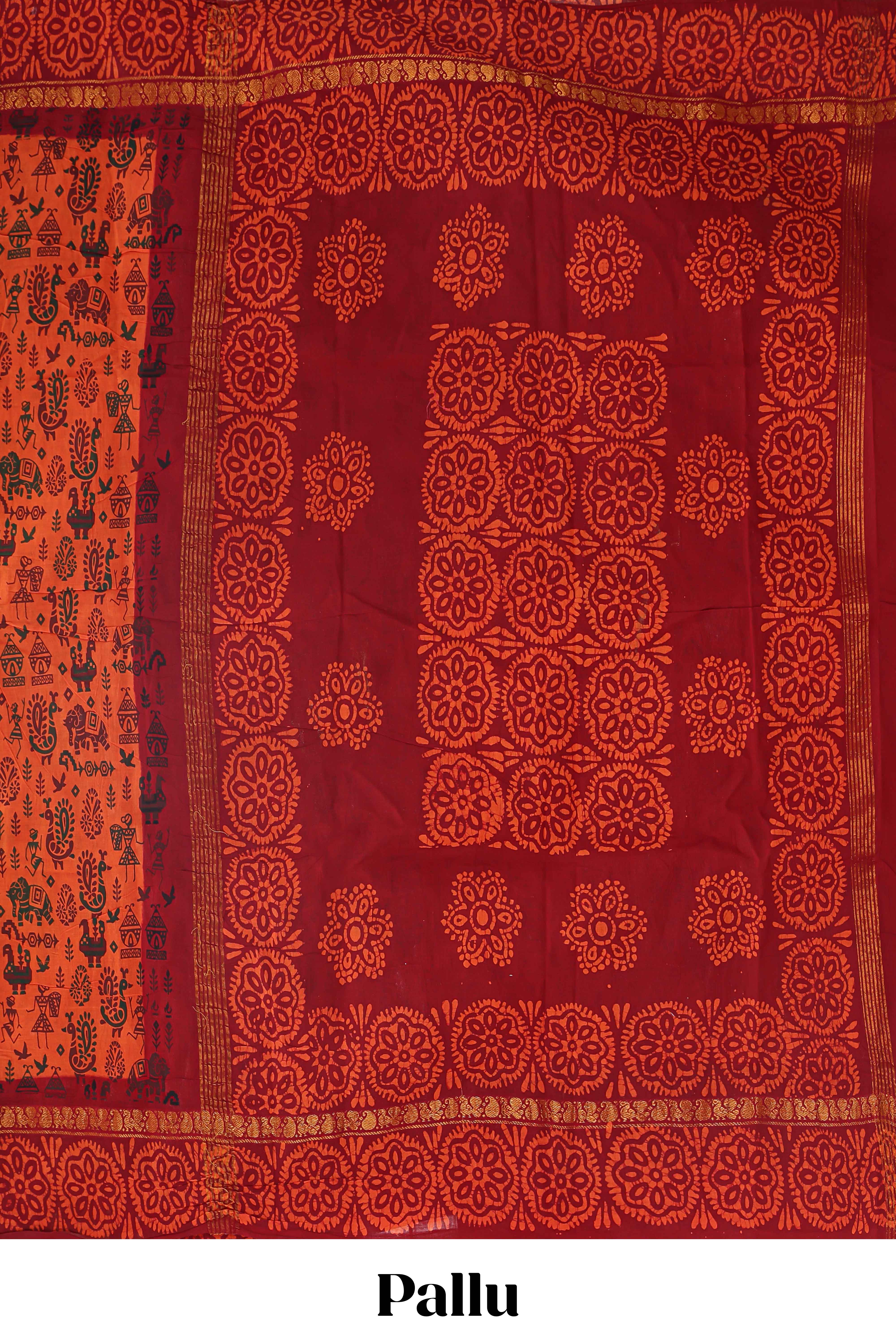 Orange warli print sungudi cotton saree with contrast border and printed pallu