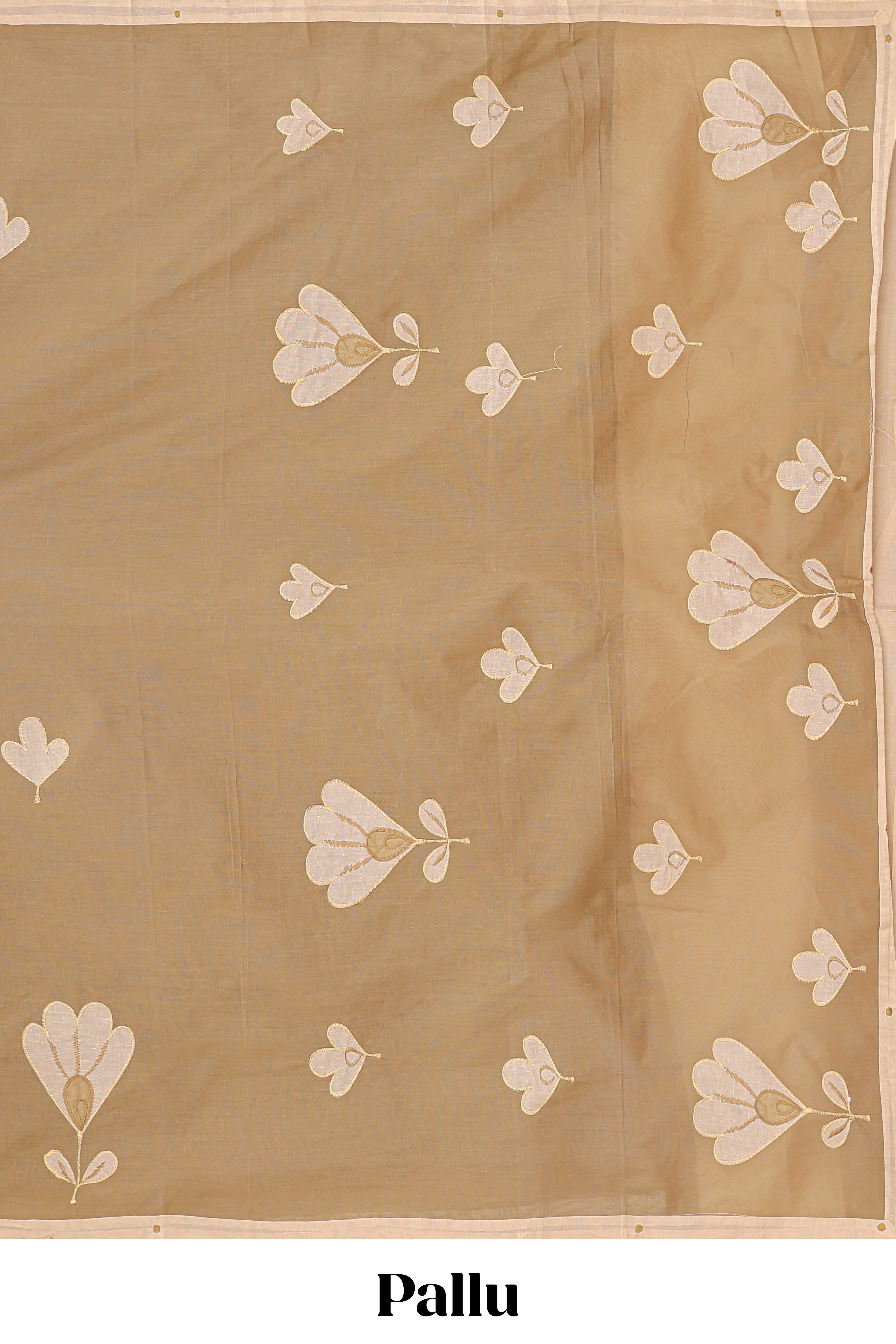 Beige floral embroidery butta bengal cotton saree with contrast border and matching pallu