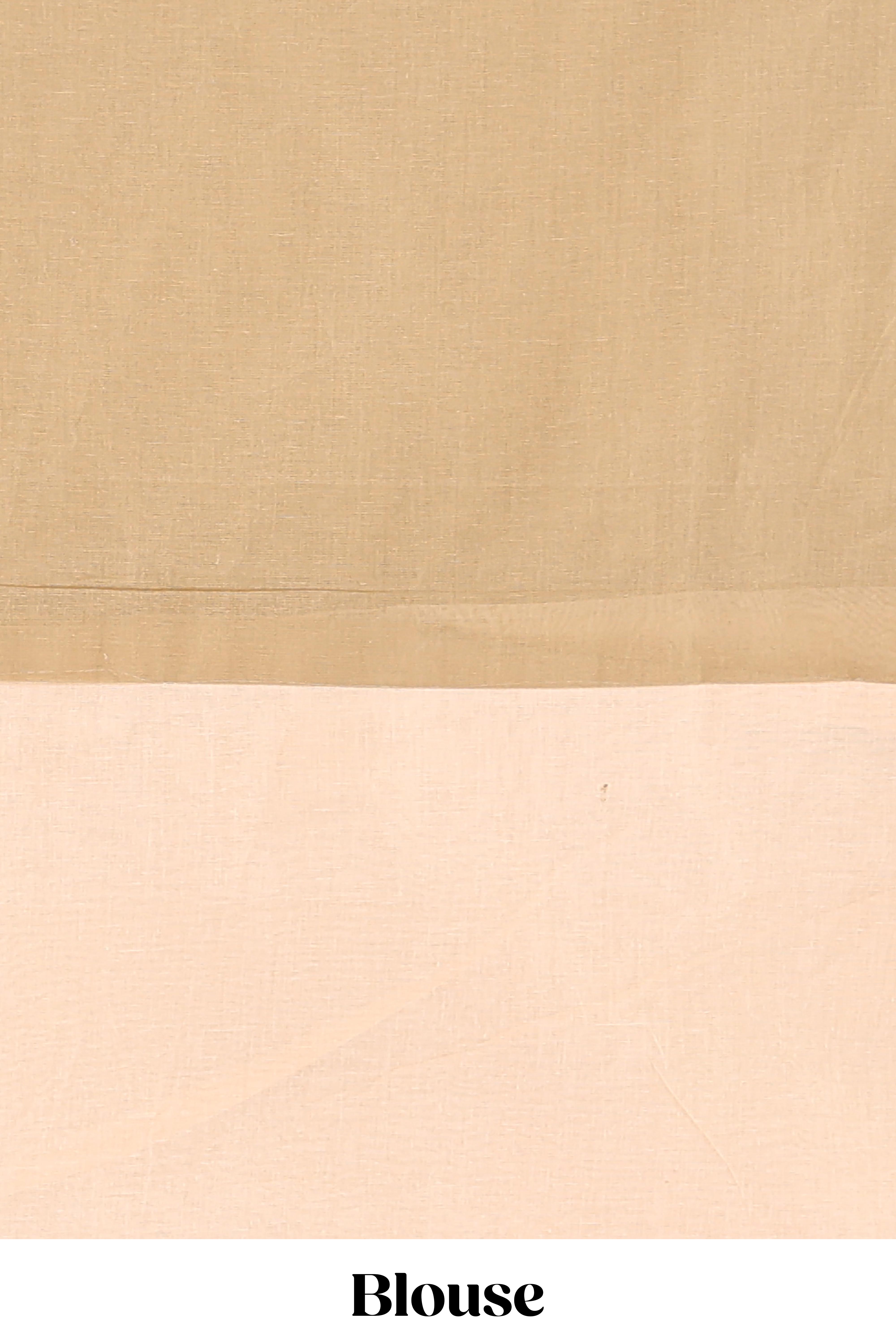Beige floral embroidery butta bengal cotton saree with contrast border and matching pallu