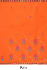 Orange floral embroidery butta bengal cotton saree with contrast border and matching pallu