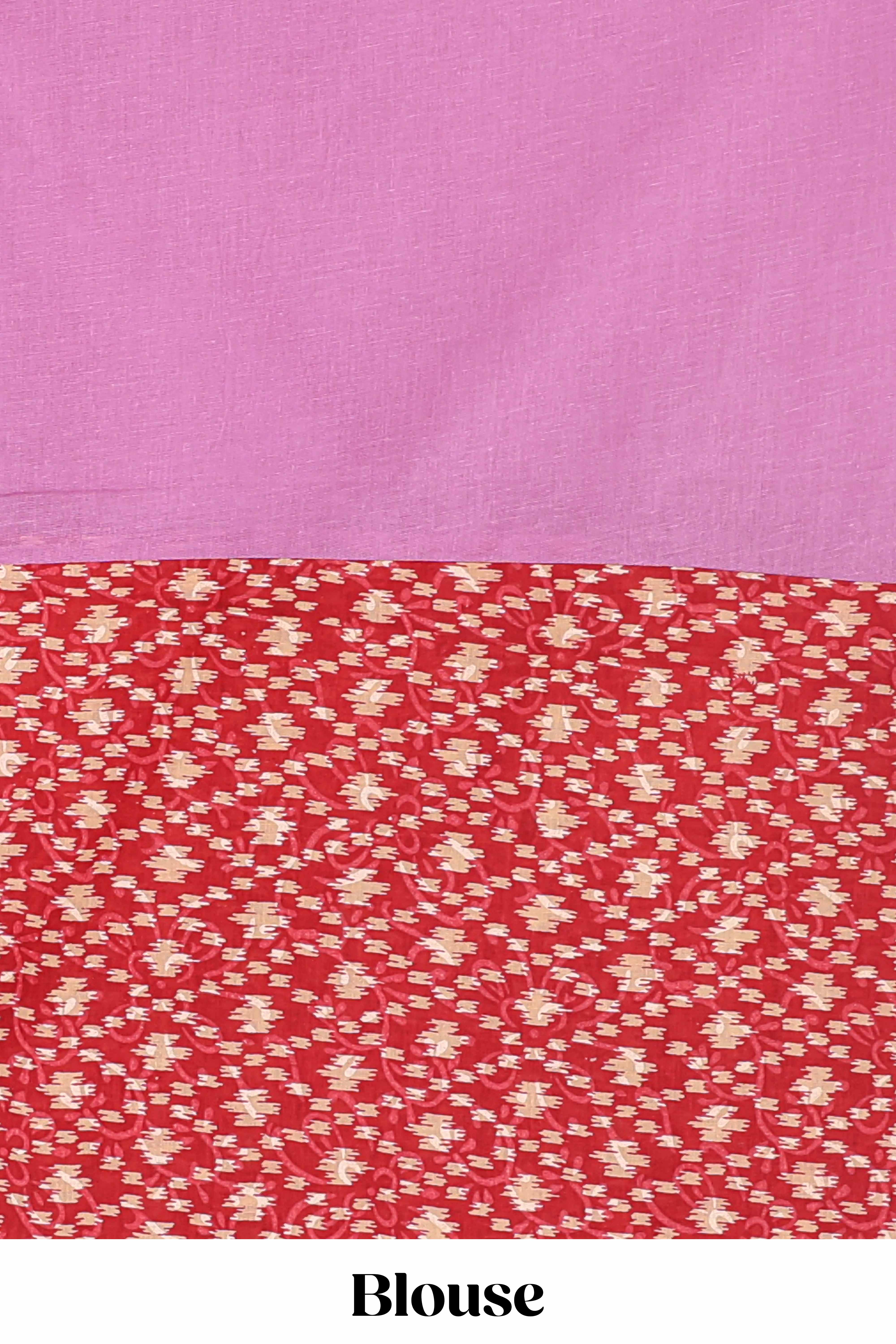 Pink embroidery butta bengal cotton saree with contrast border and matching pallu