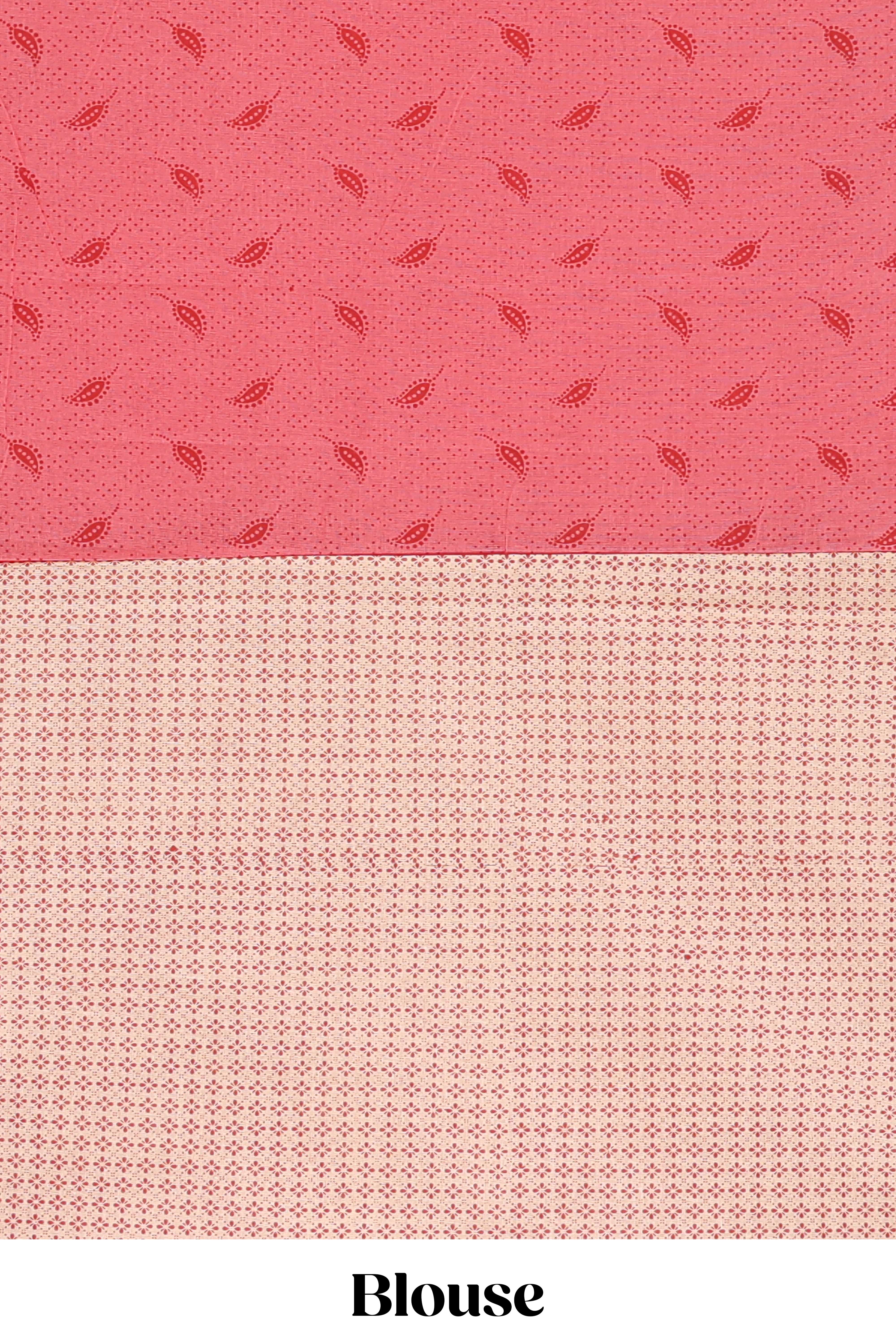 Pink leaf design bengal cotton saree with contrast border and matching pallu