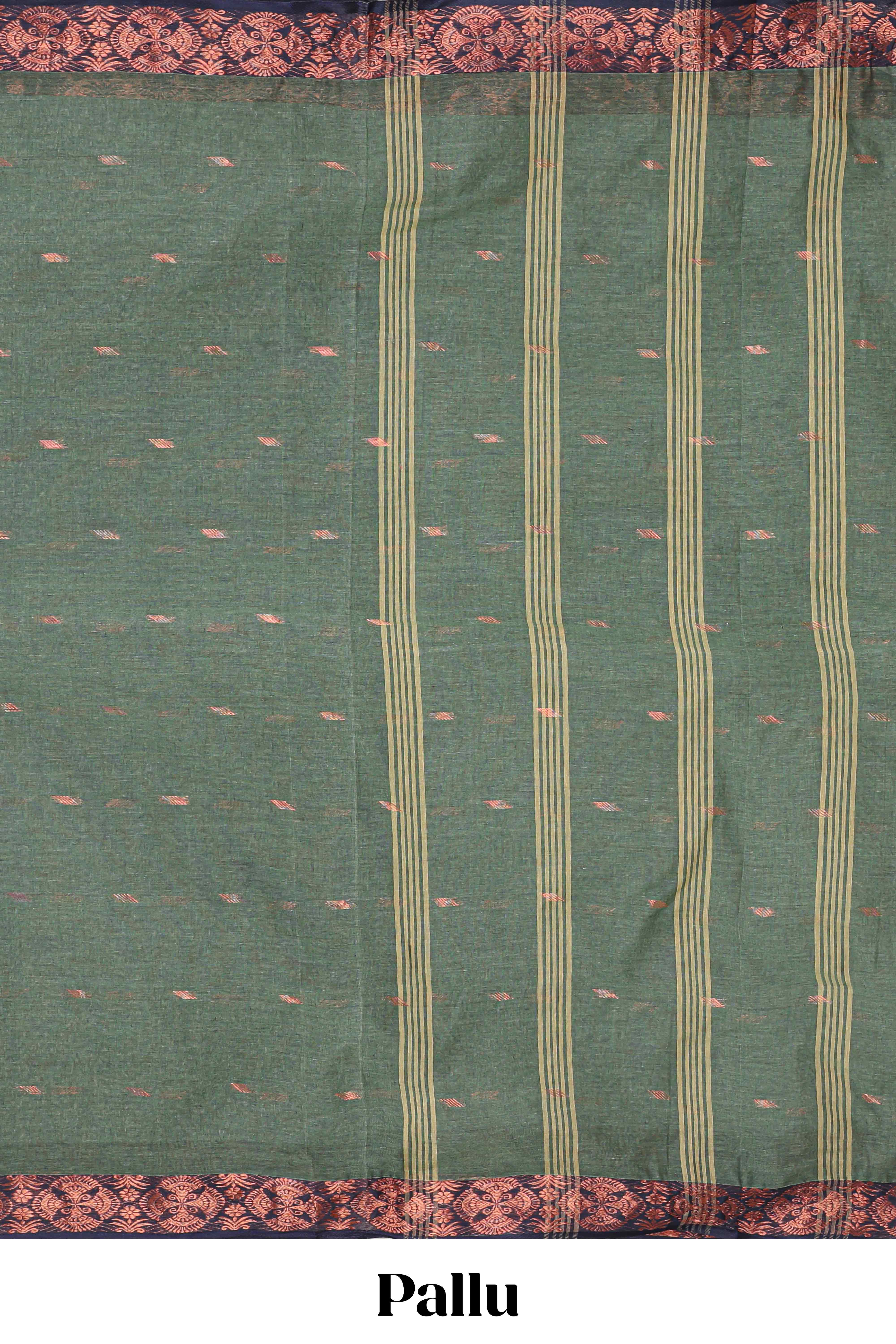 Dark green butta design bengal cotton saree with contrast border and matching pallu
