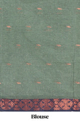 Dark green butta design bengal cotton saree with contrast border and matching pallu