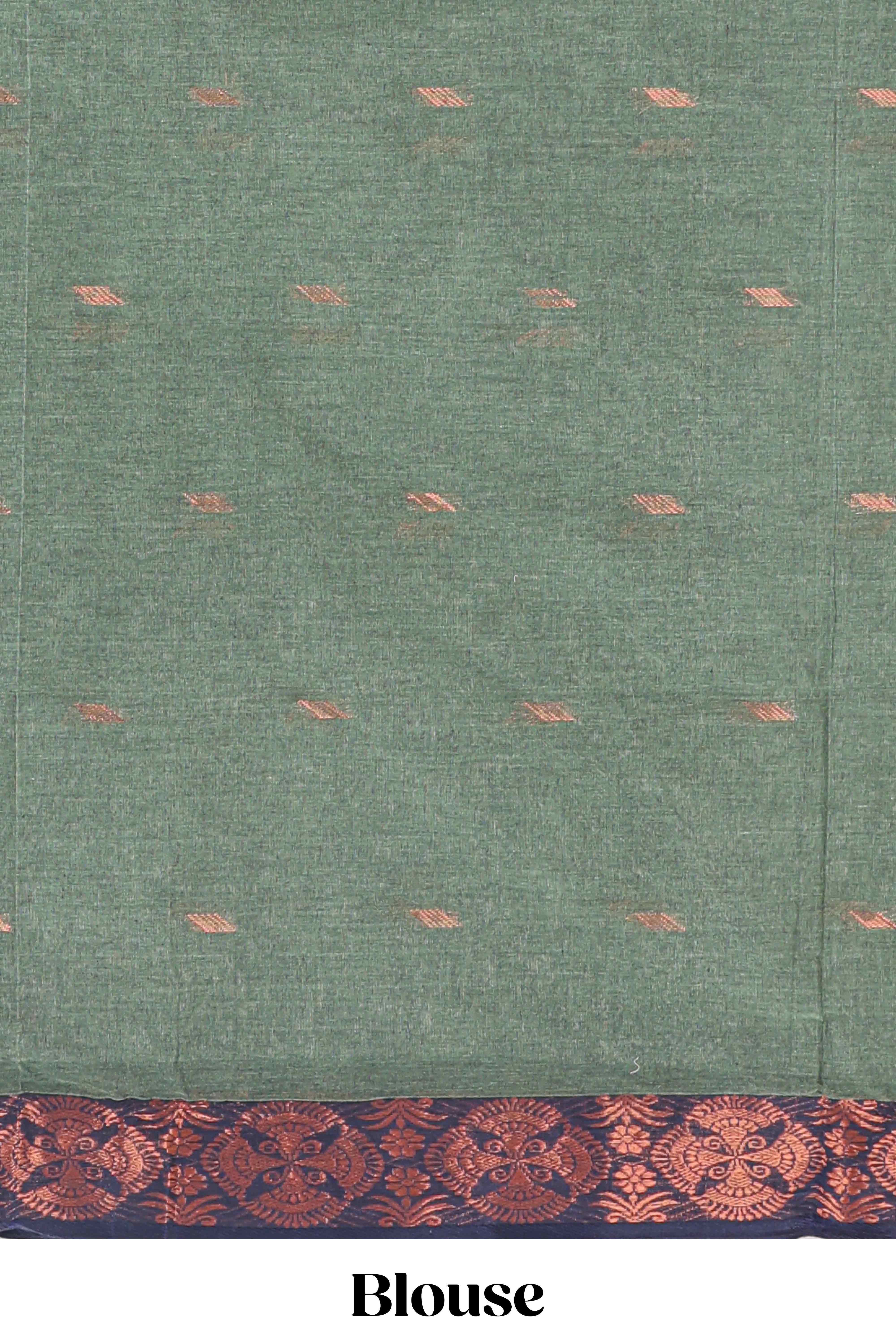 Dark green butta design bengal cotton saree with contrast border and matching pallu