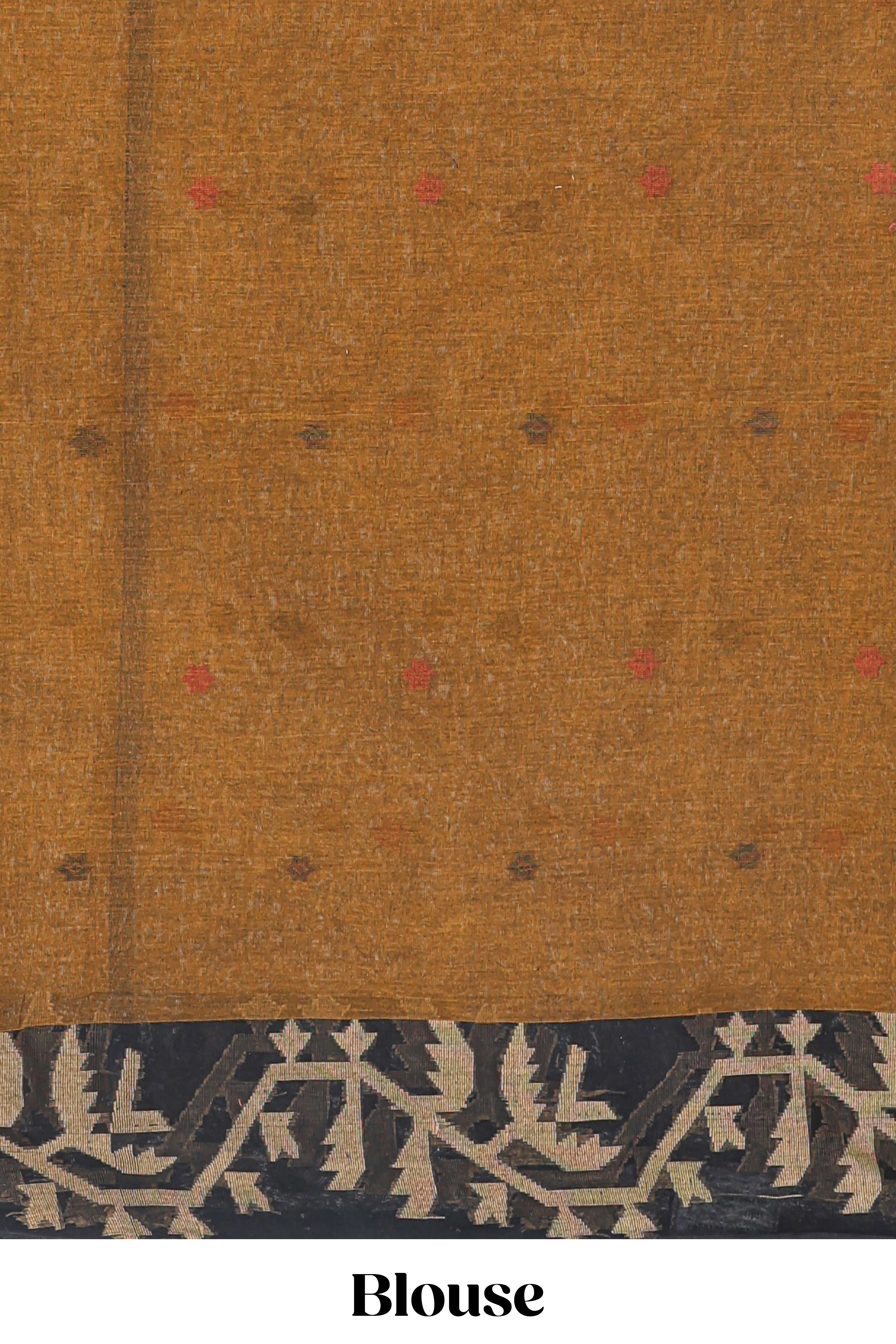 Bronze floral butta design bengal cotton saree with contrast border and matching pallu