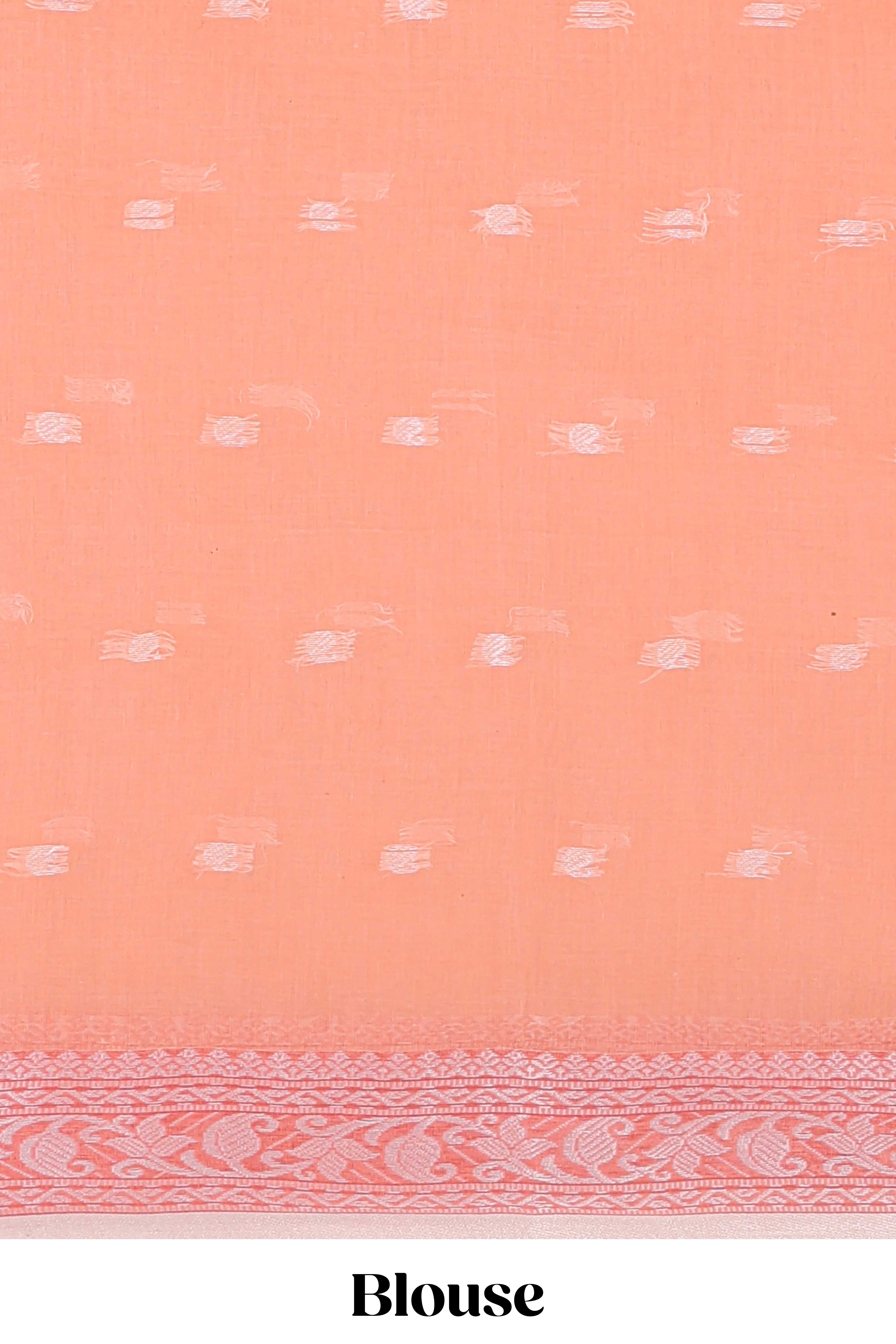 Soft peach butta design bengal cotton saree with self border and matching striped pallu