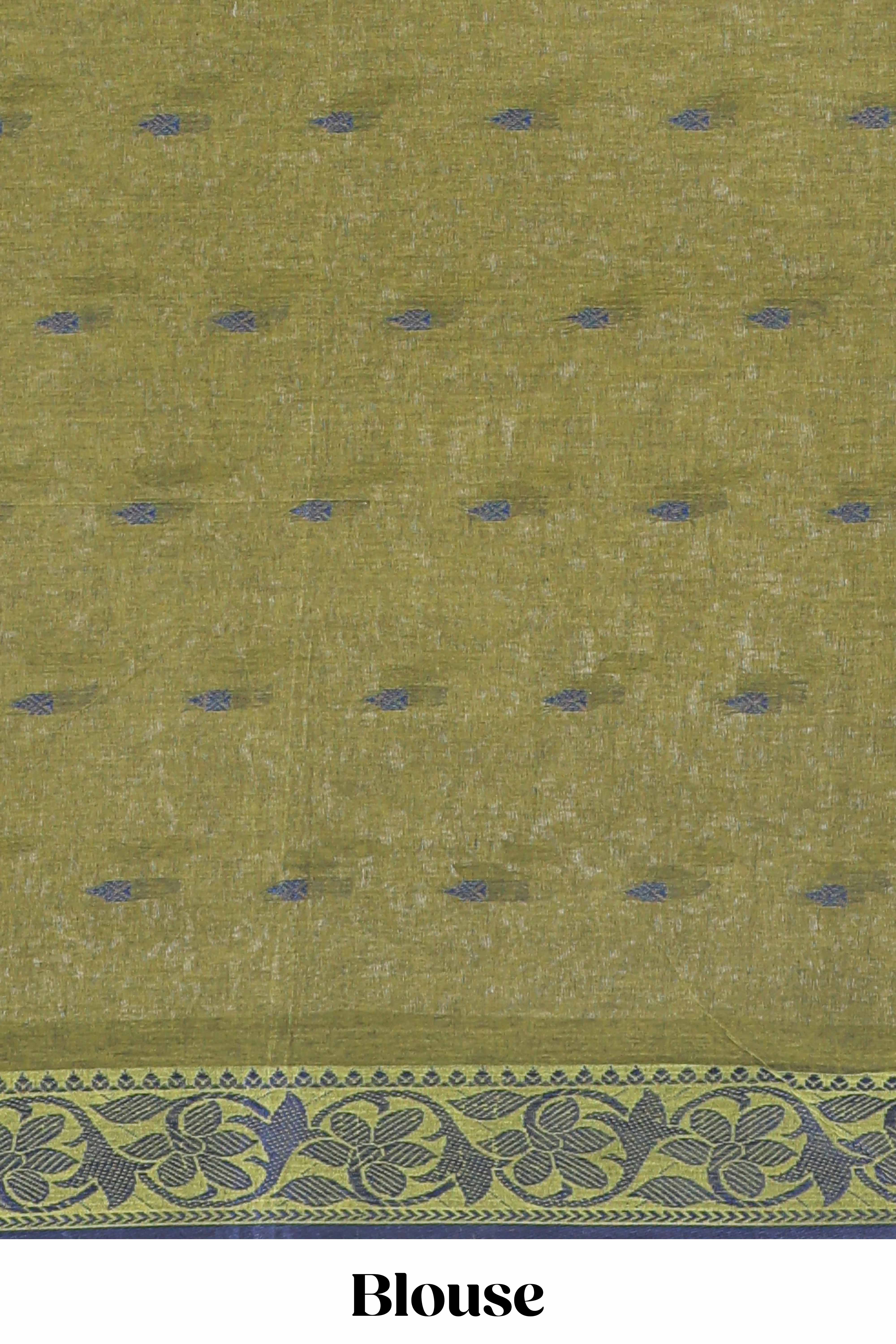 Olive green butta design bengal cotton saree with self border and matching striped pallu