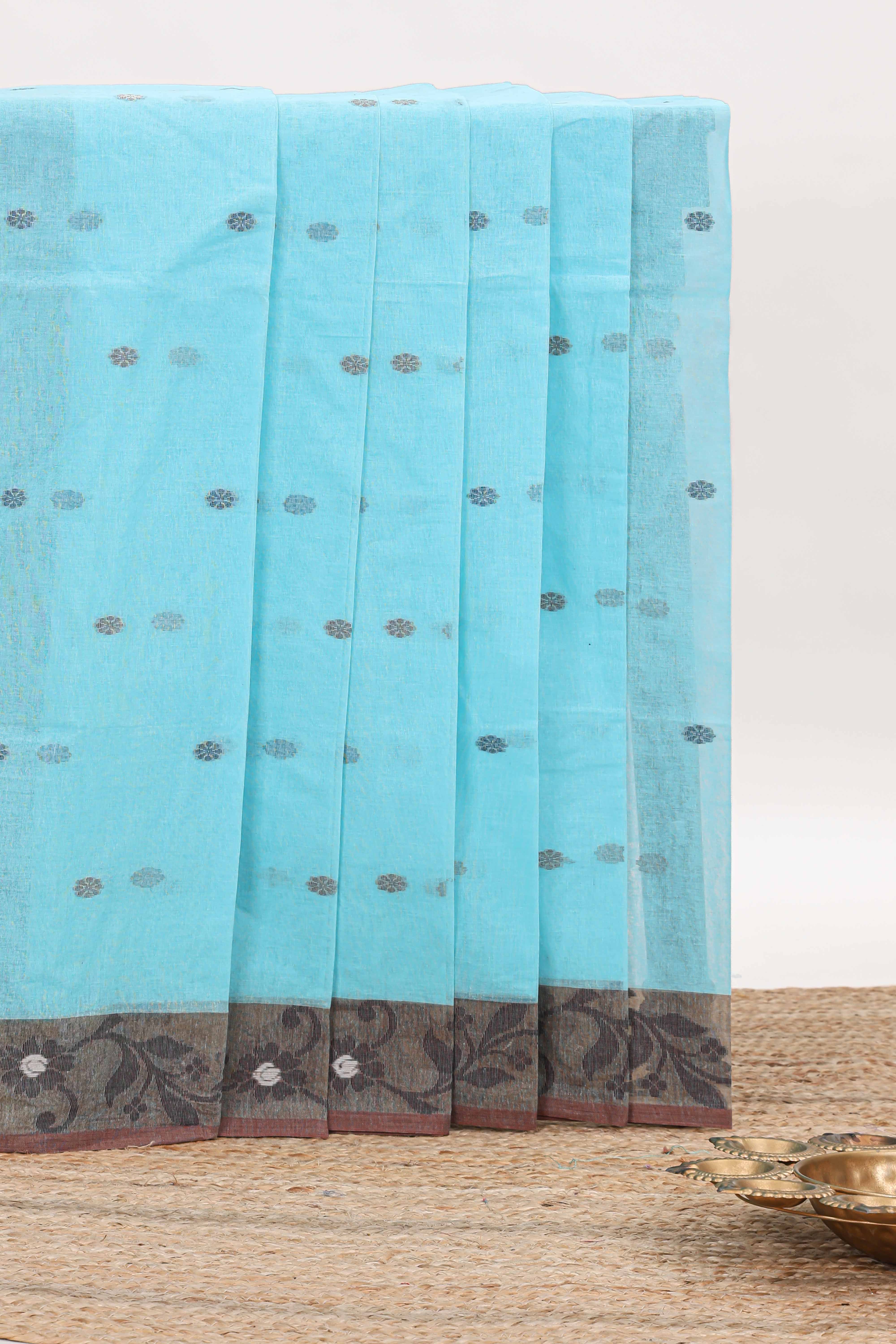 Blue butta design bengal cotton saree with contrast border and matching striped pallu