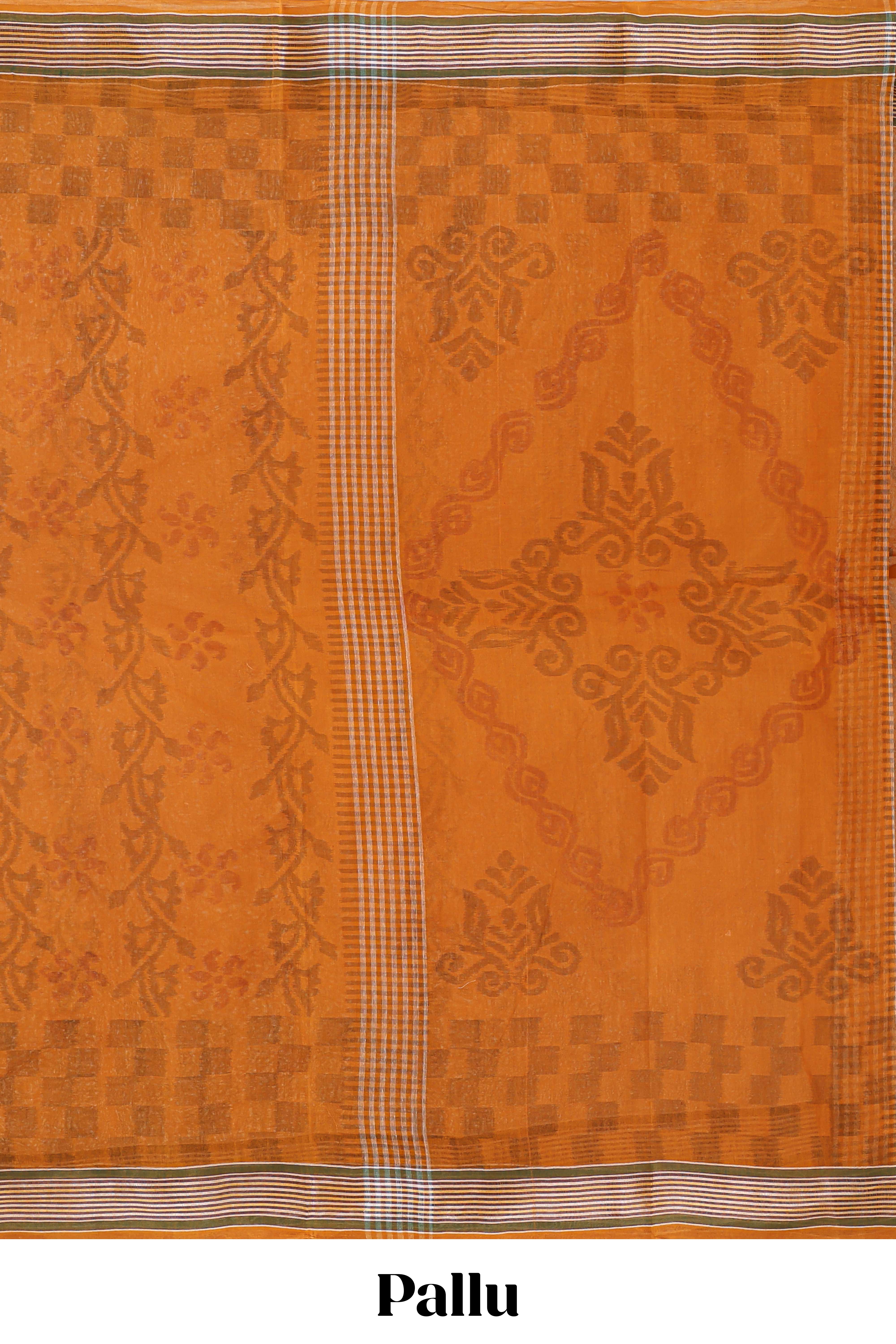 Orange floral design bengal cotton saree with self border and matching pallu