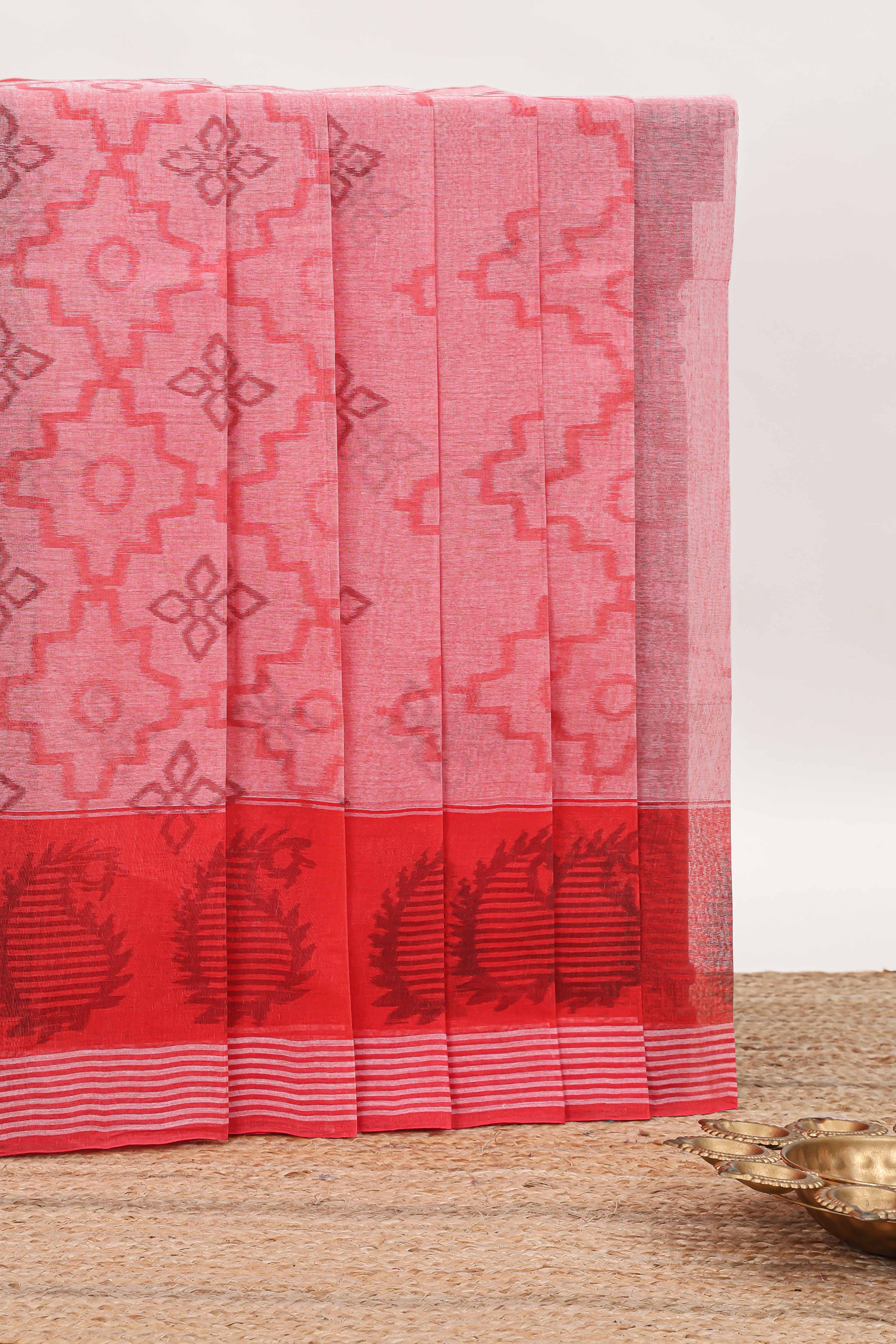 Pink geometric design bengal cotton saree with self border and matching pallu