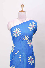 Borderless blue floral print south cotton saree with contrast printed blouse